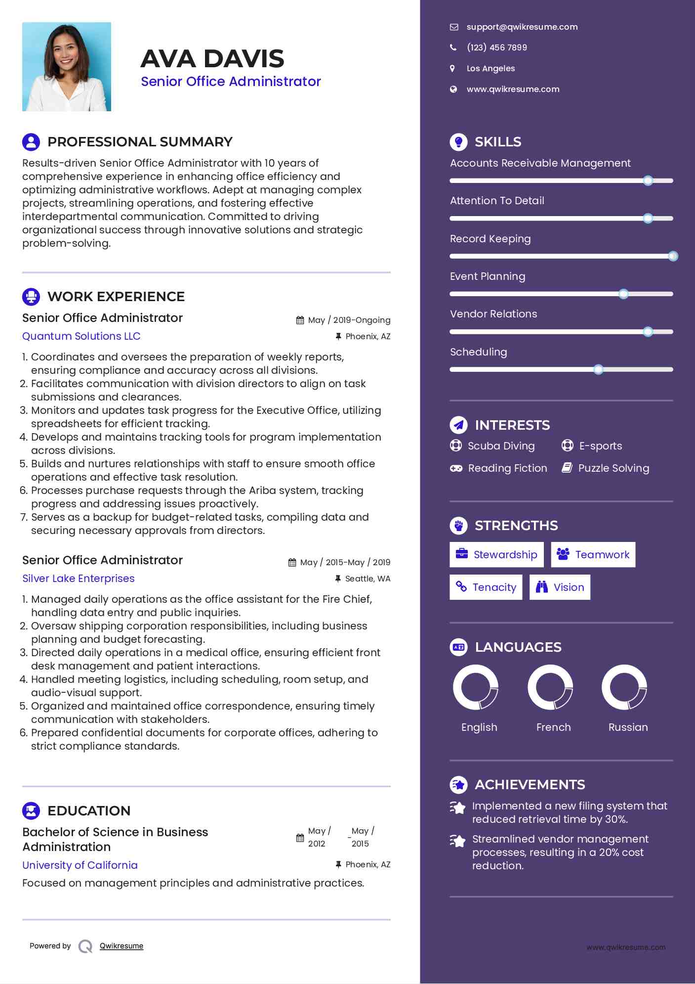 Senior Office Administrator Resume Example