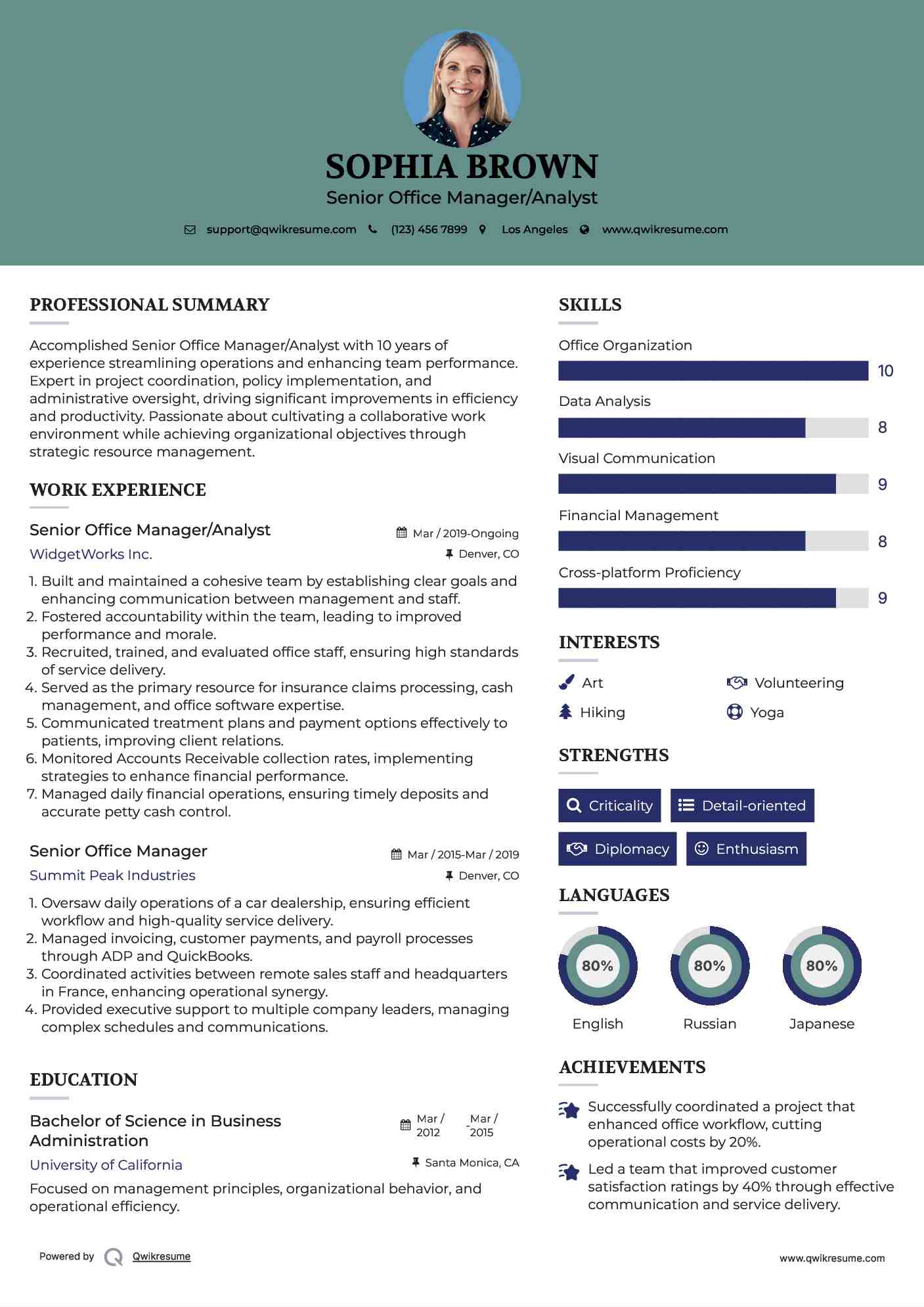 Senior Office Manager/Analyst Resume Model