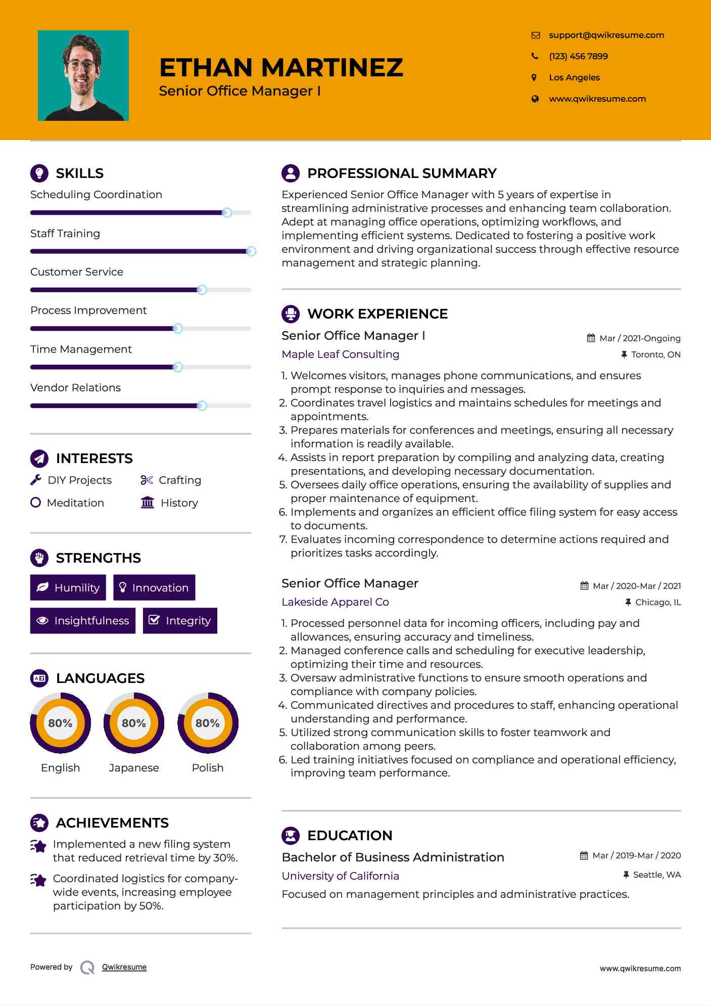 Senior Office Manager I Resume Format