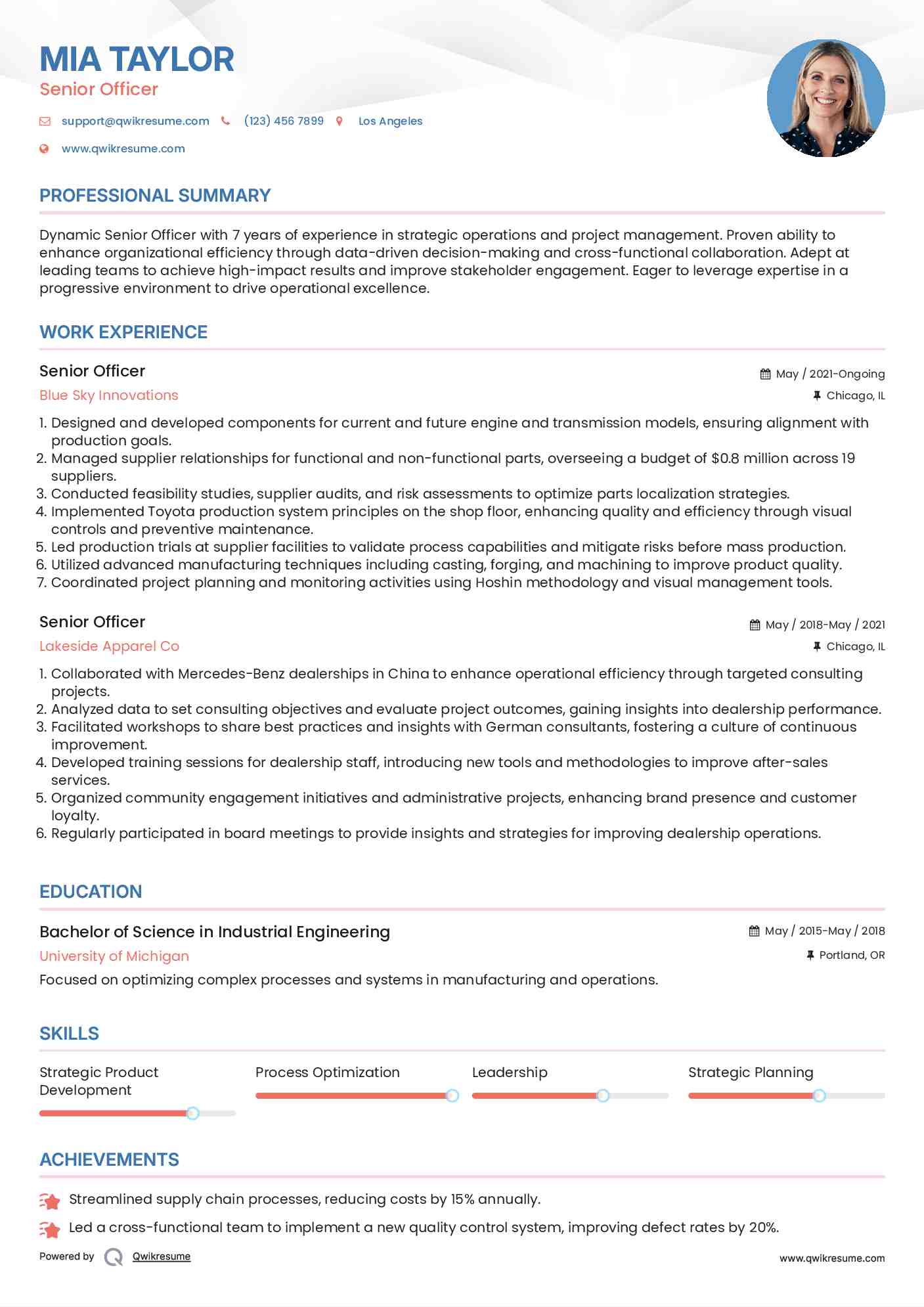 Senior Officer Resume Model