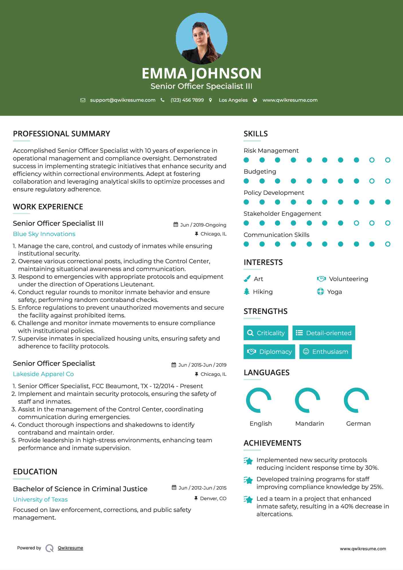 Senior Officer Specialist III Resume Model