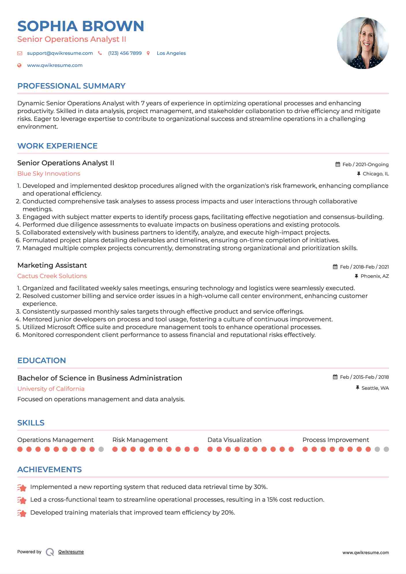 Senior Operations Analyst II Resume Format