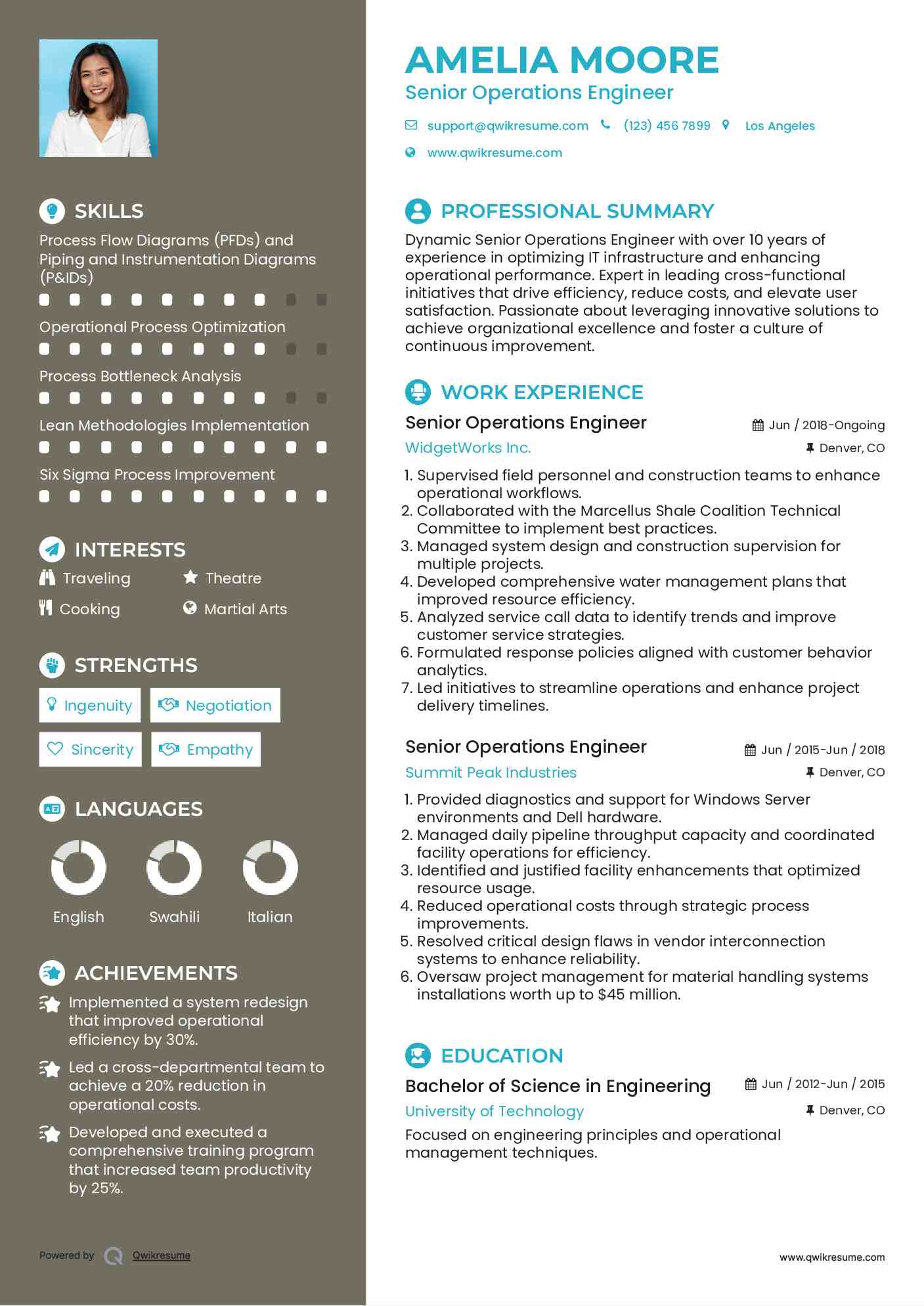 Senior Operations Engineer Resume Sample