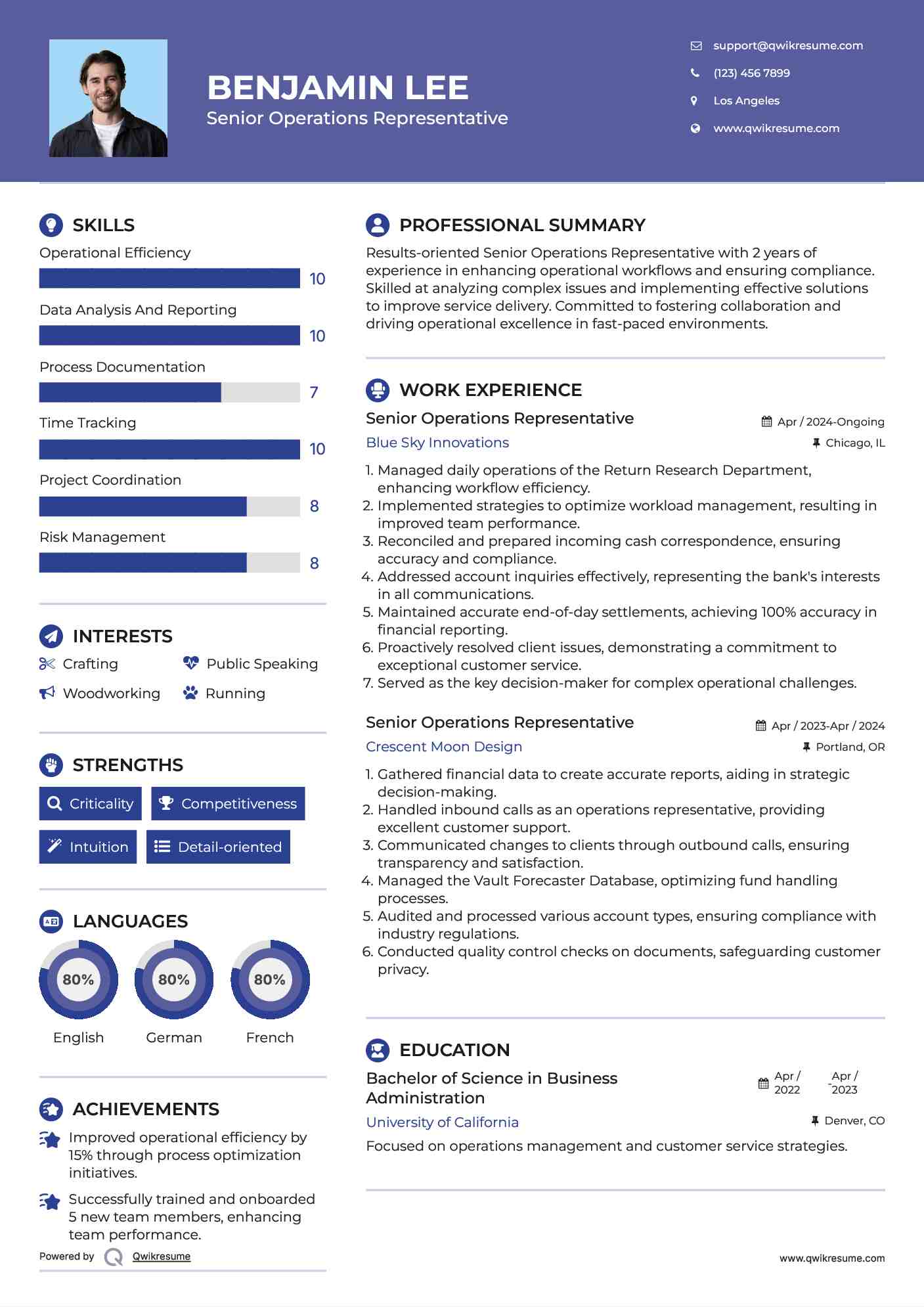 Senior Operations Representative Resume Sample