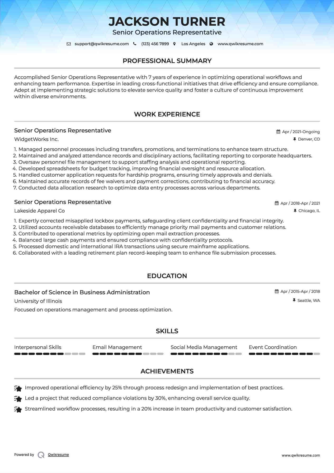 Senior Operations Representative Resume Model