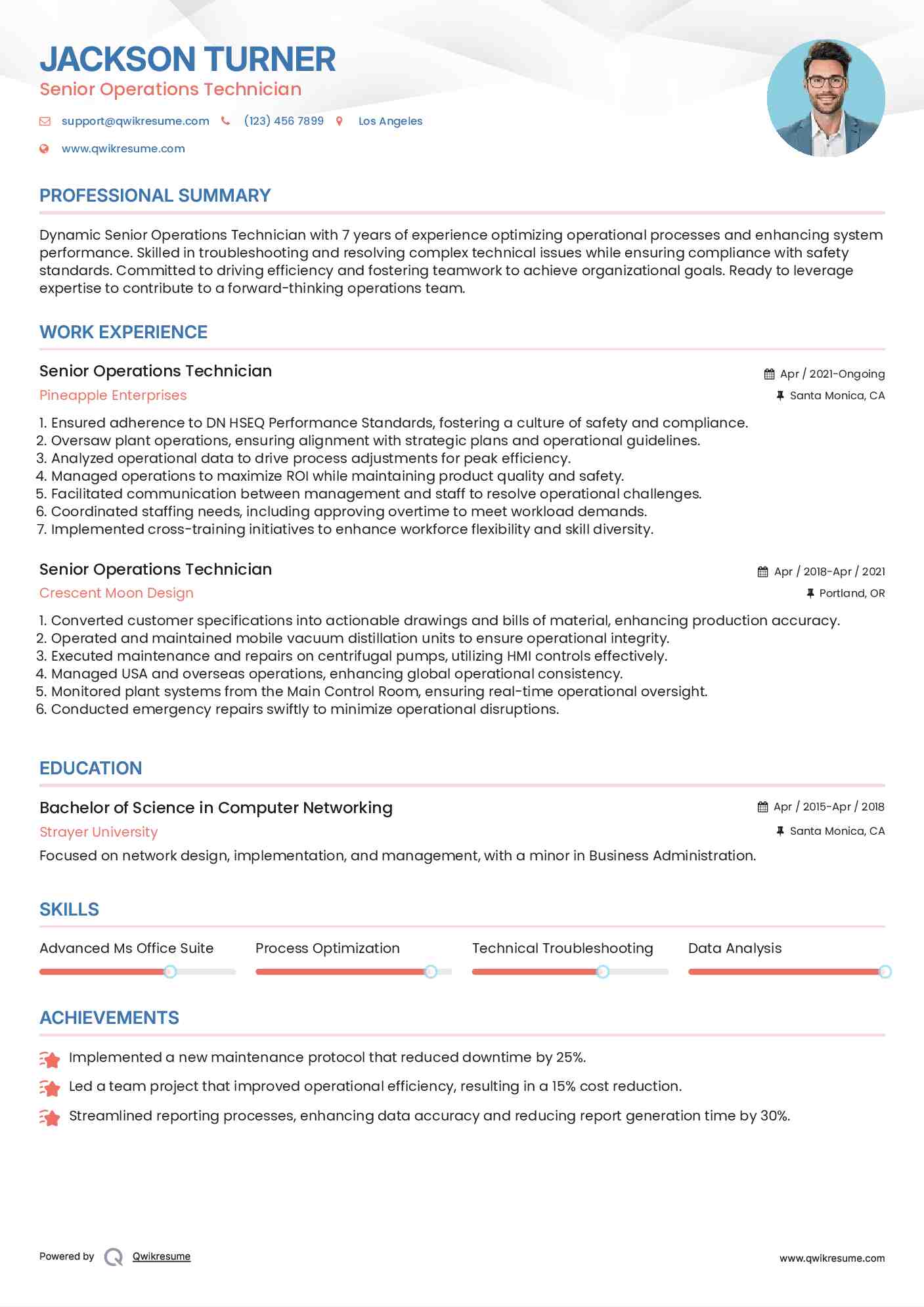 Senior Operations Technician Resume Model