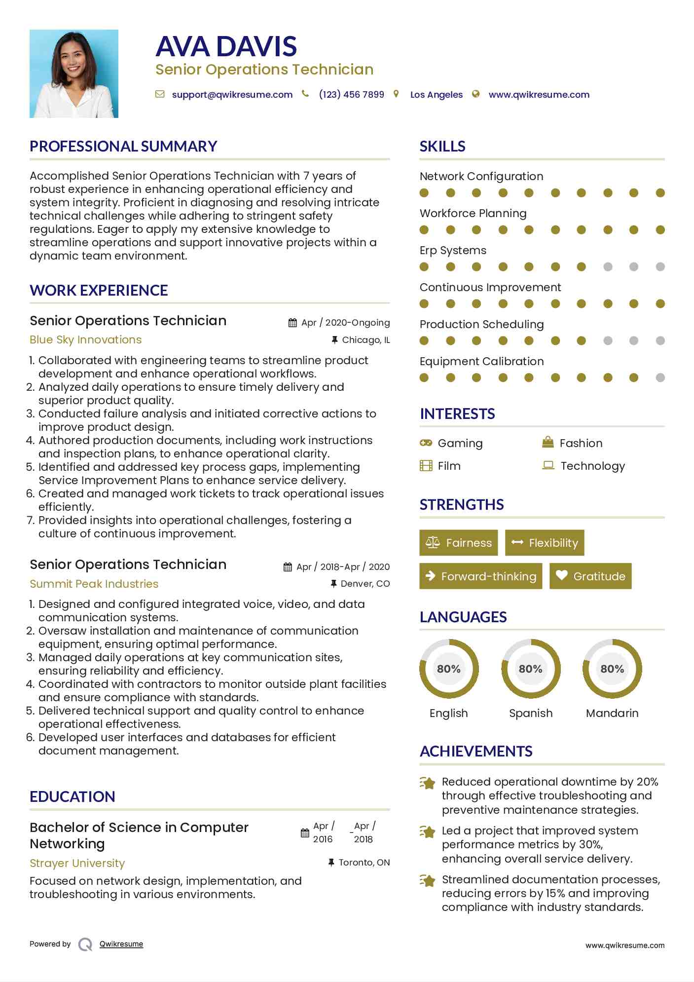 Senior Operations Technician Resume Sample