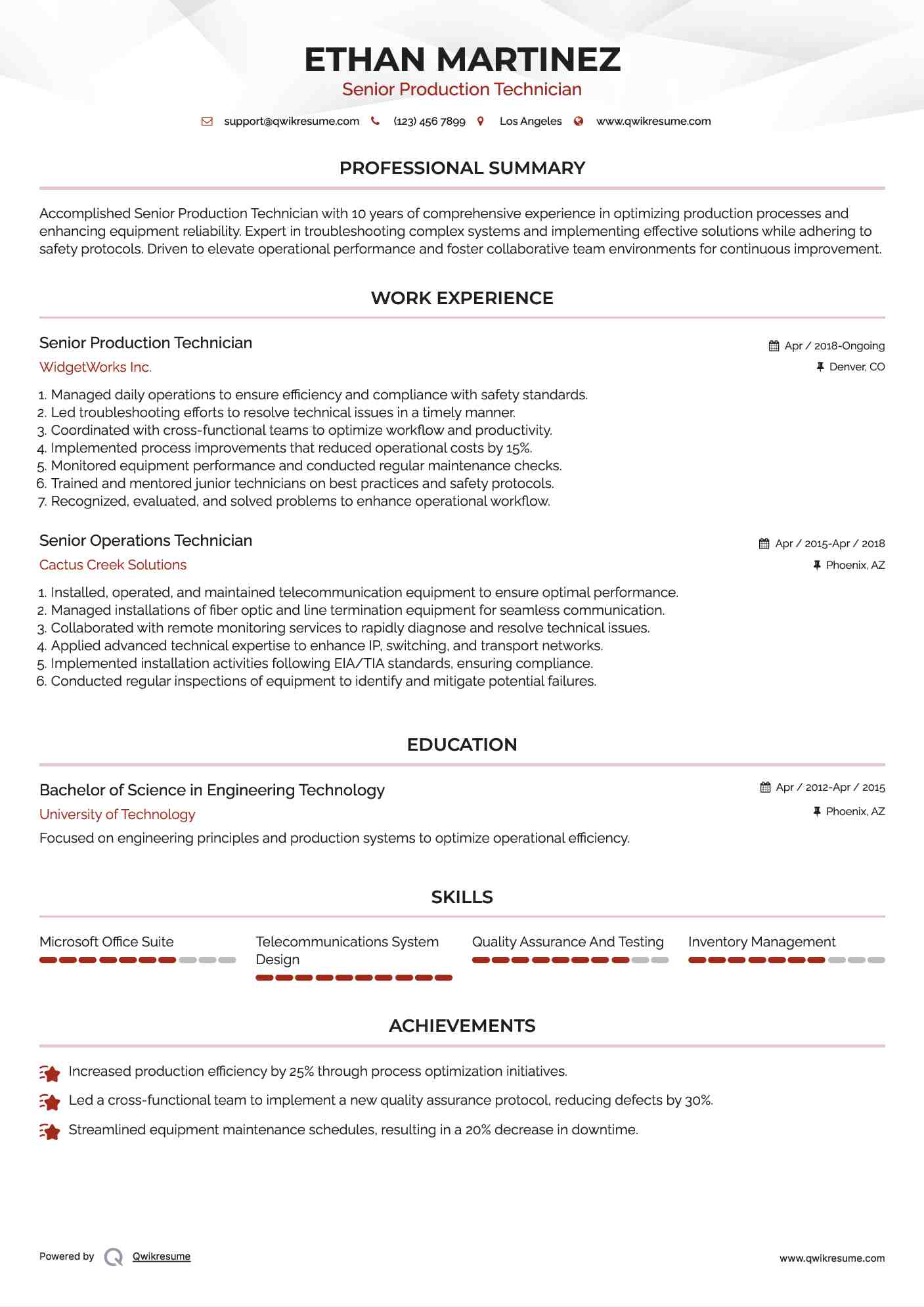 Senior Production Technician Resume Sample
