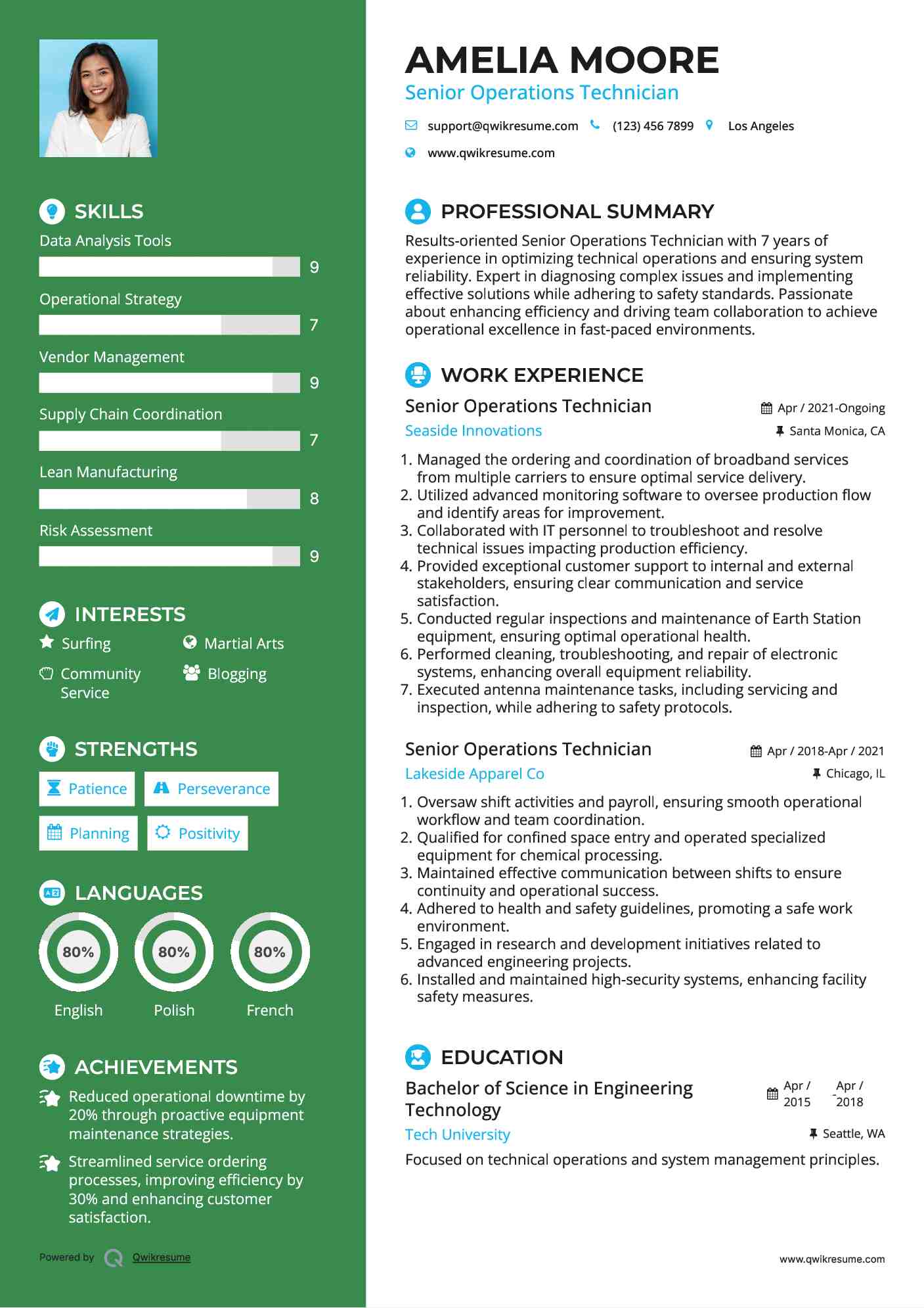 Senior Operations Technician Resume Example