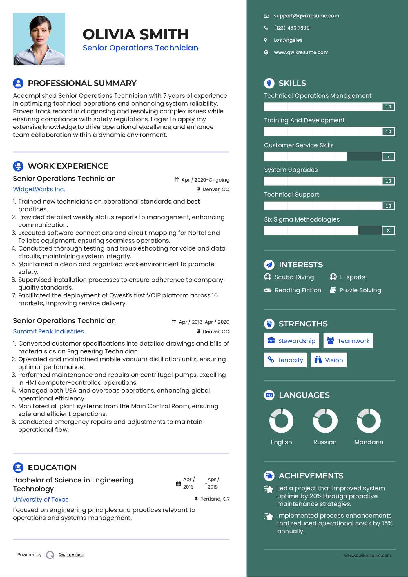 Senior Operations Technician Resume Template