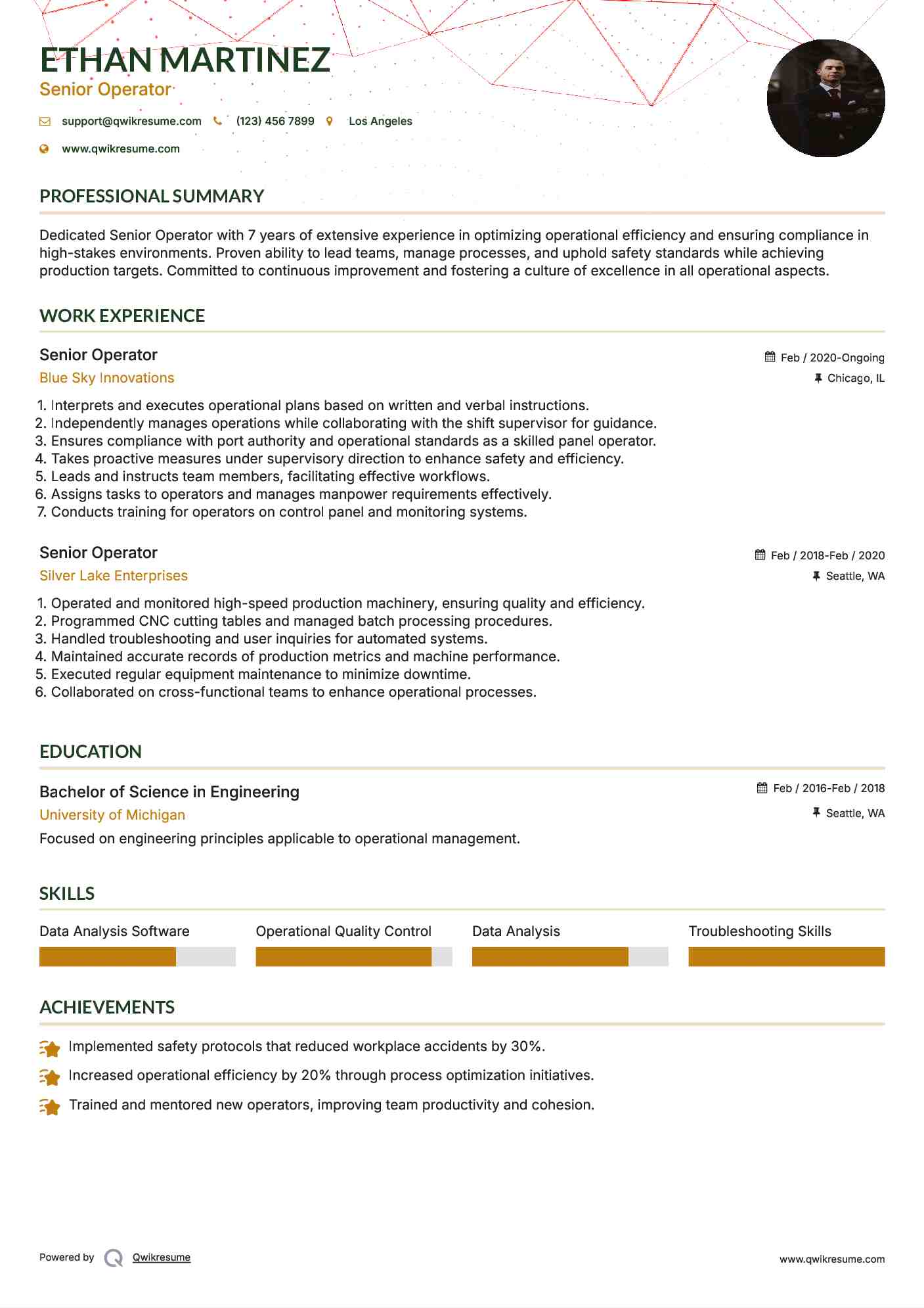 Senior Operator Resume Sample