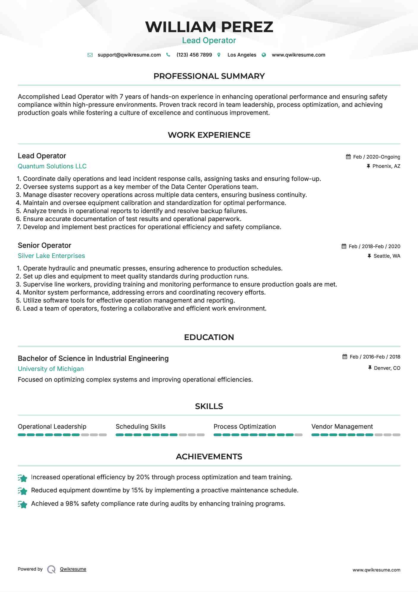 Lead Operator
 Resume Template