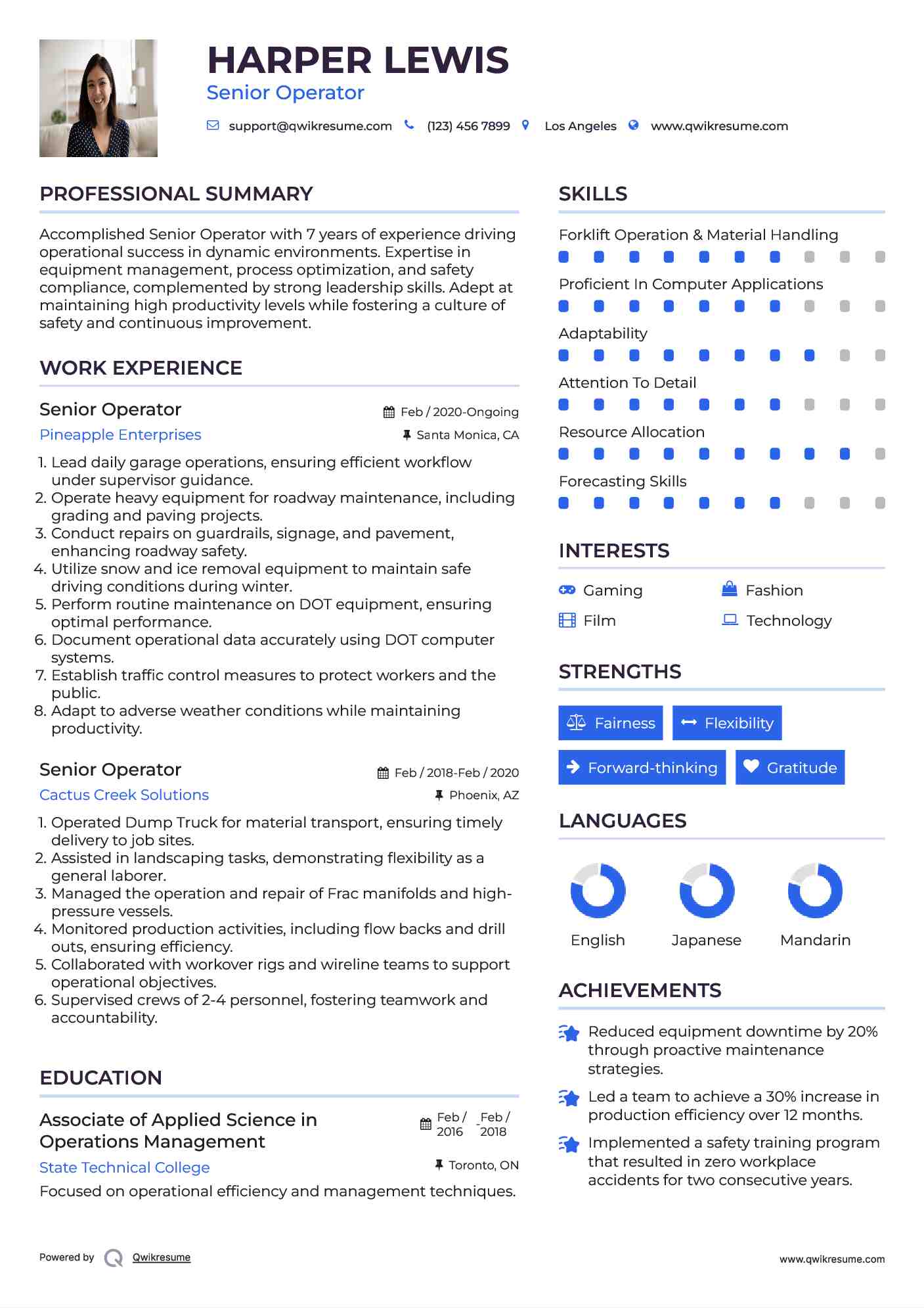 Senior Operator Resume Sample