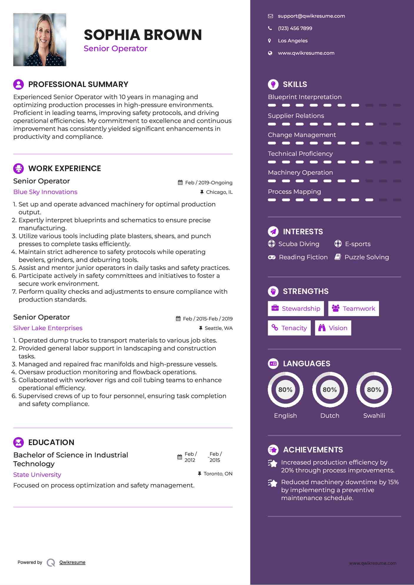 Senior Operator Resume Example