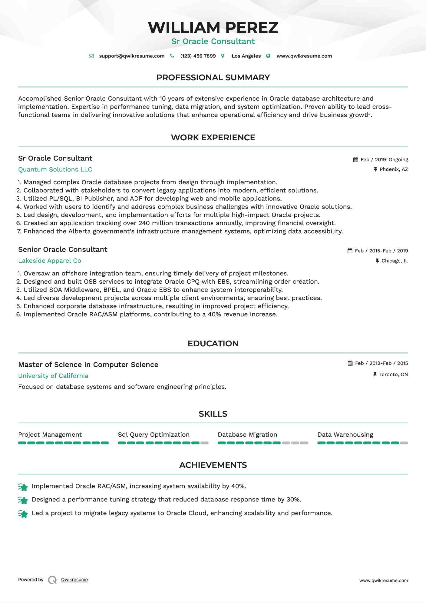 Sr Oracle Consultant  Resume Example