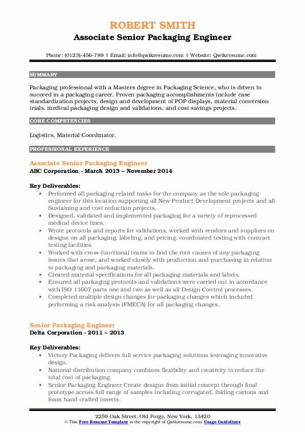 Senior Packaging Engineer Resume Samples QwikResume