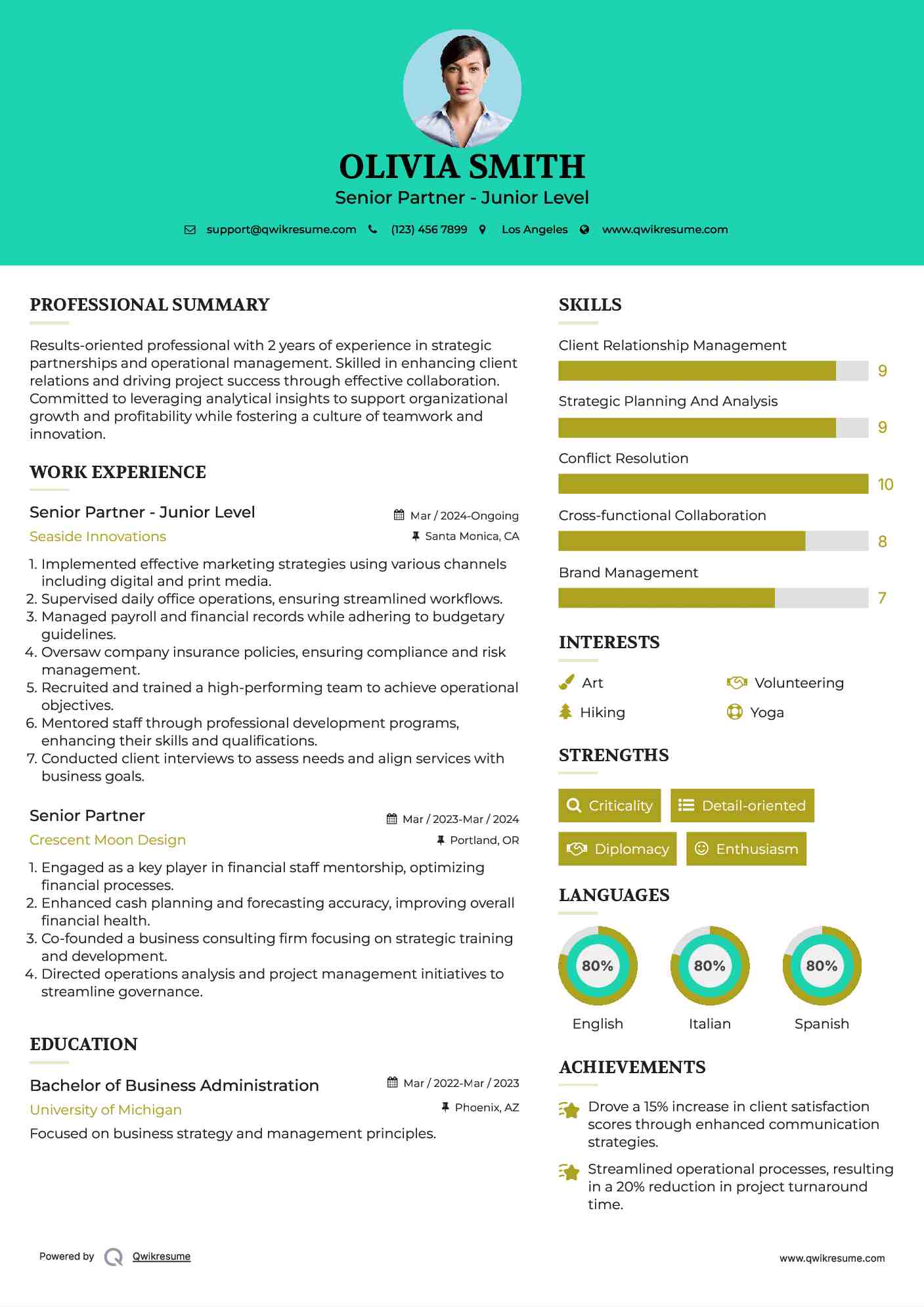Senior Partner - Junior Level Resume Example