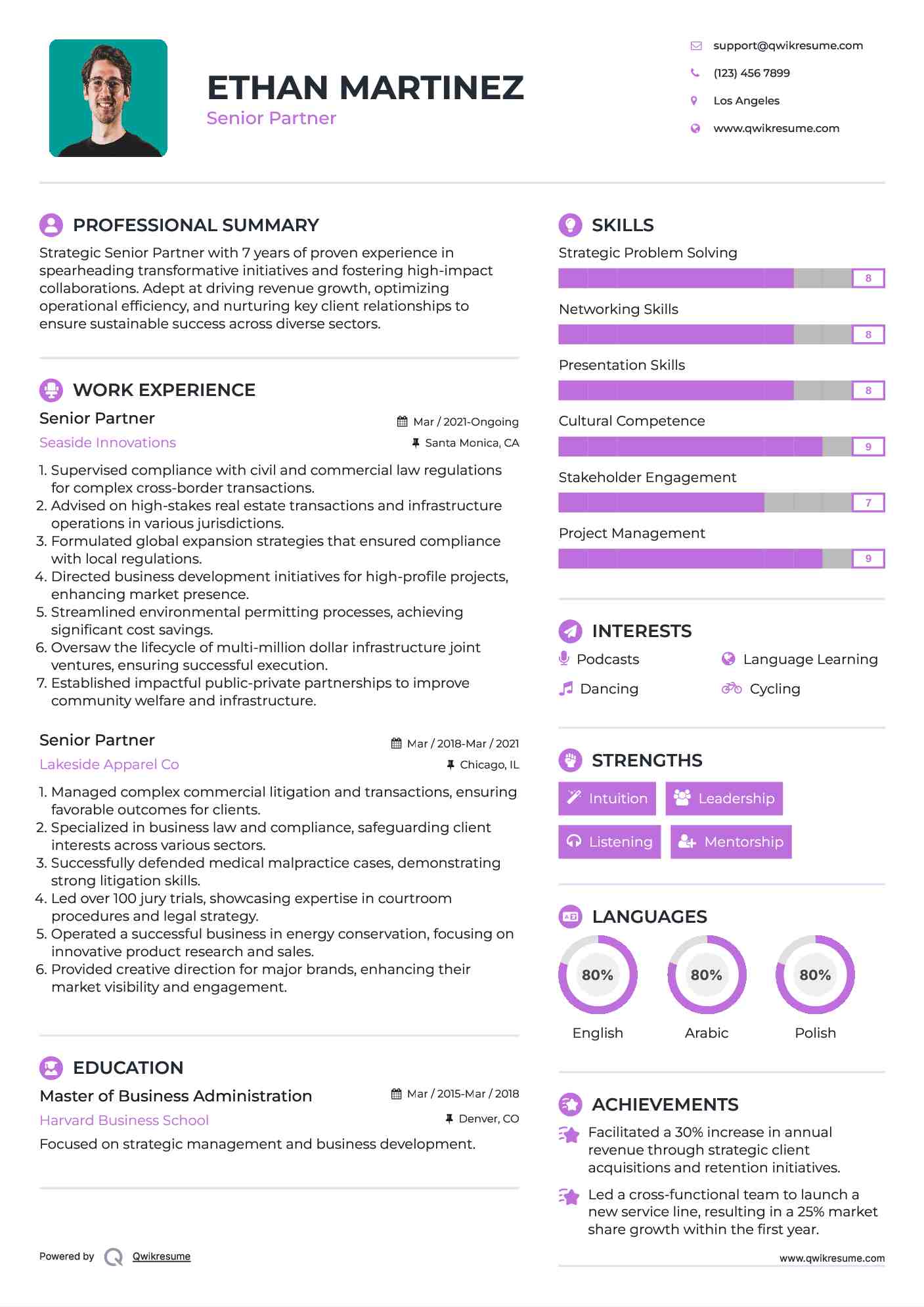 Senior Partner Resume Sample