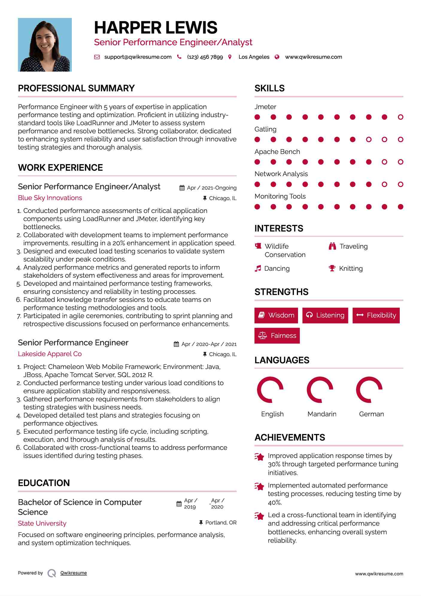 Senior Performance Engineer/Analyst Resume Model