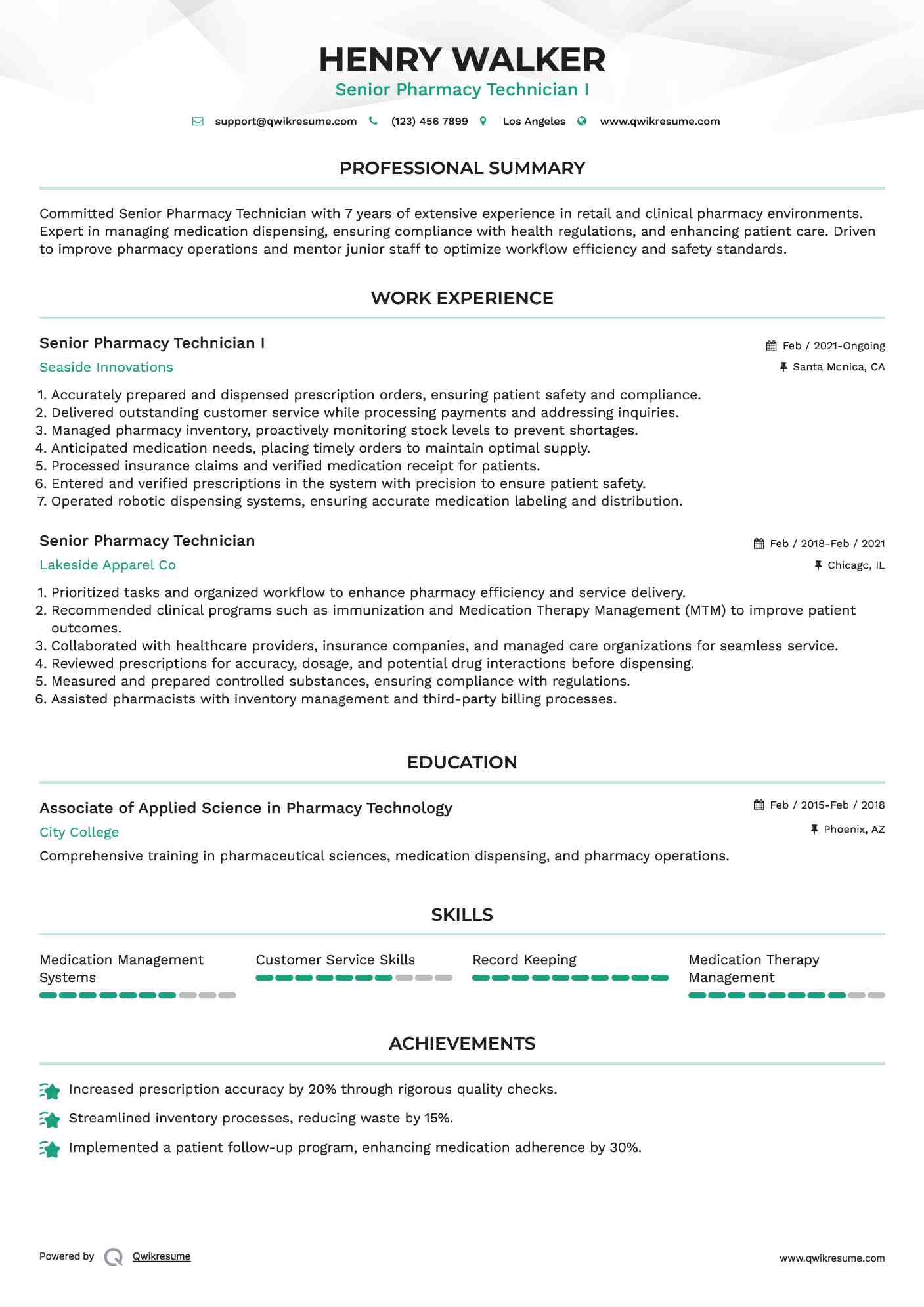 Senior Pharmacy Technician I Resume Model