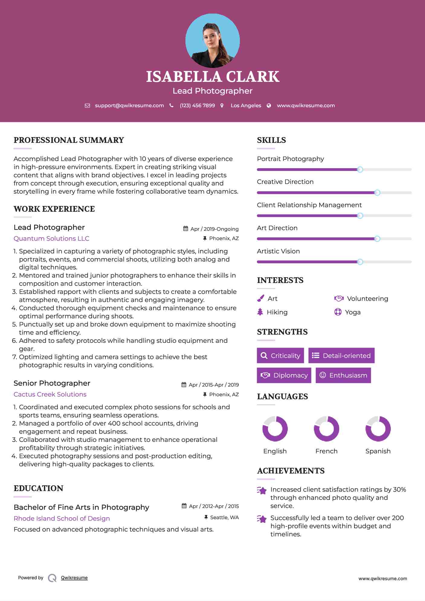 Lead Photographer Resume Format