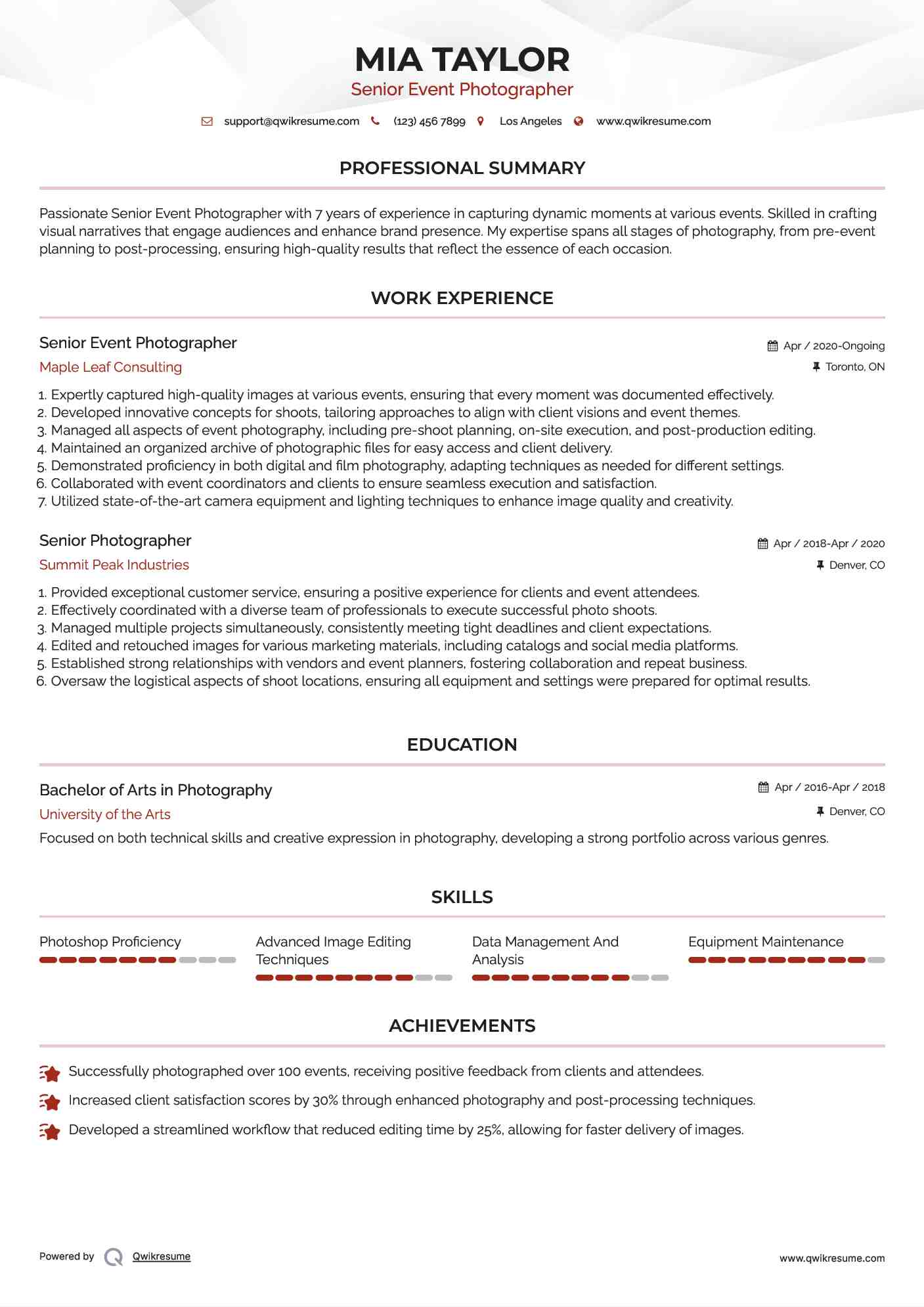 Senior Event Photographer Resume Model