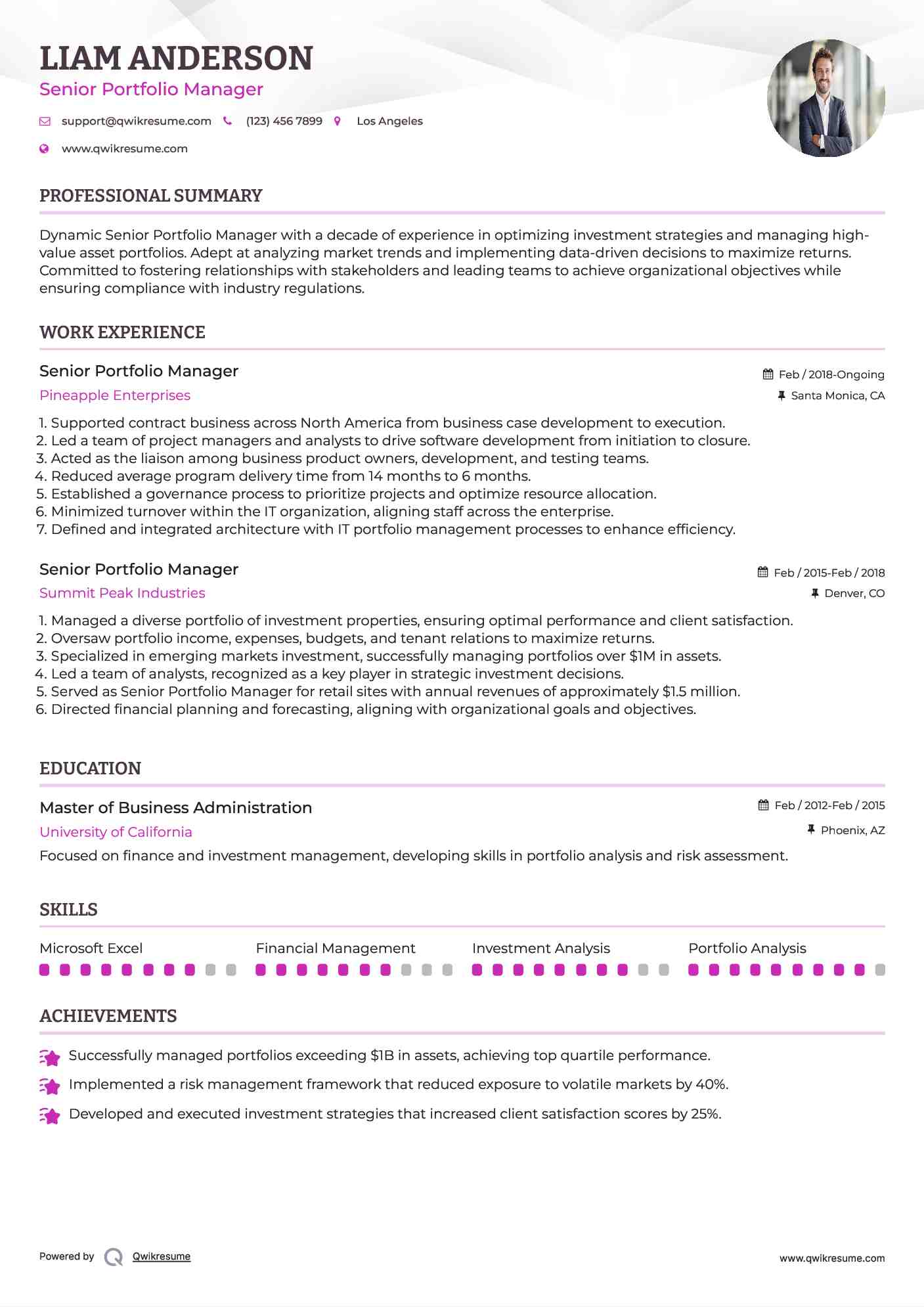 Senior Portfolio Manager Resume Template