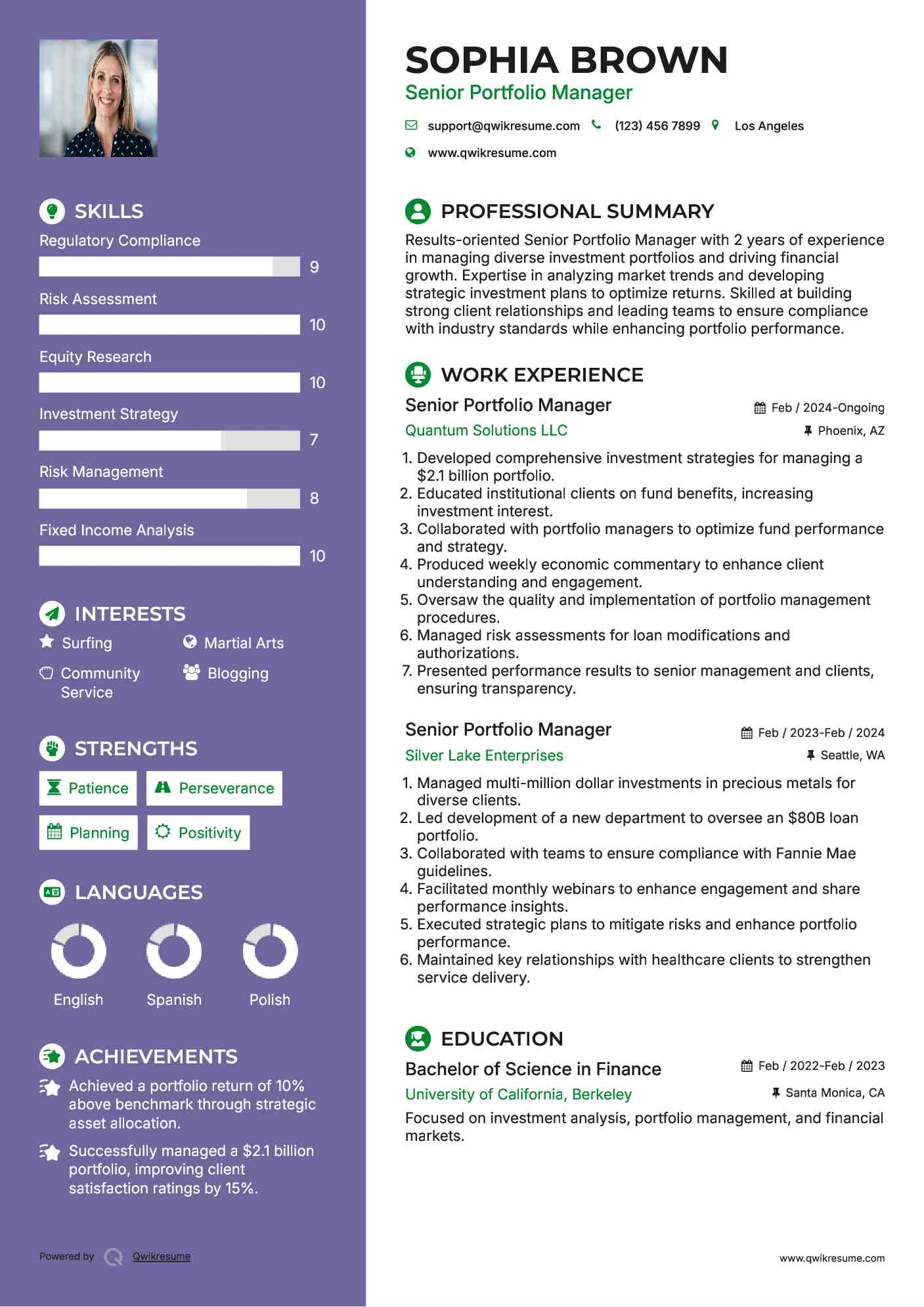 Senior Portfolio Manager Resume Format
