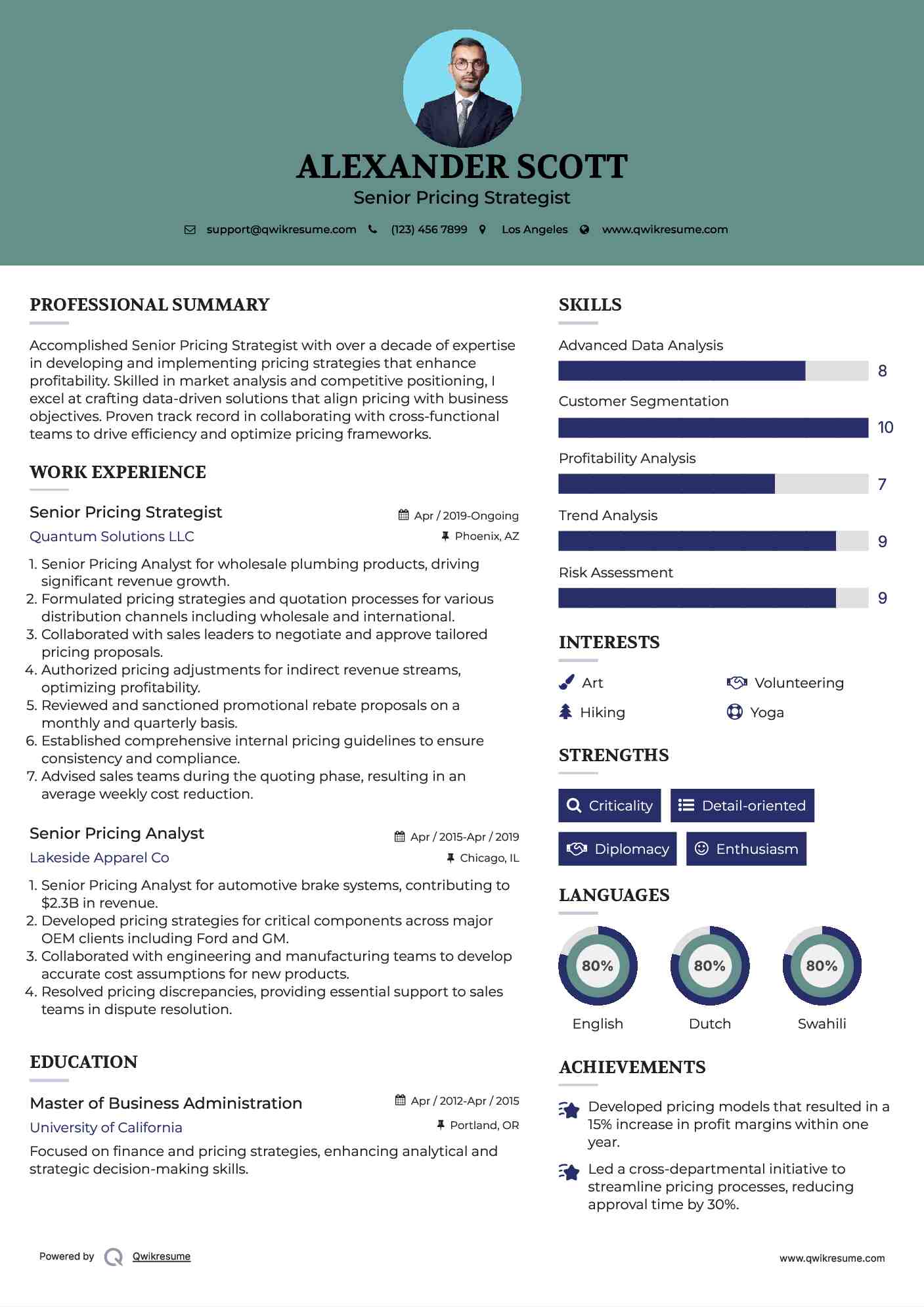 Senior Pricing Strategist Resume Example