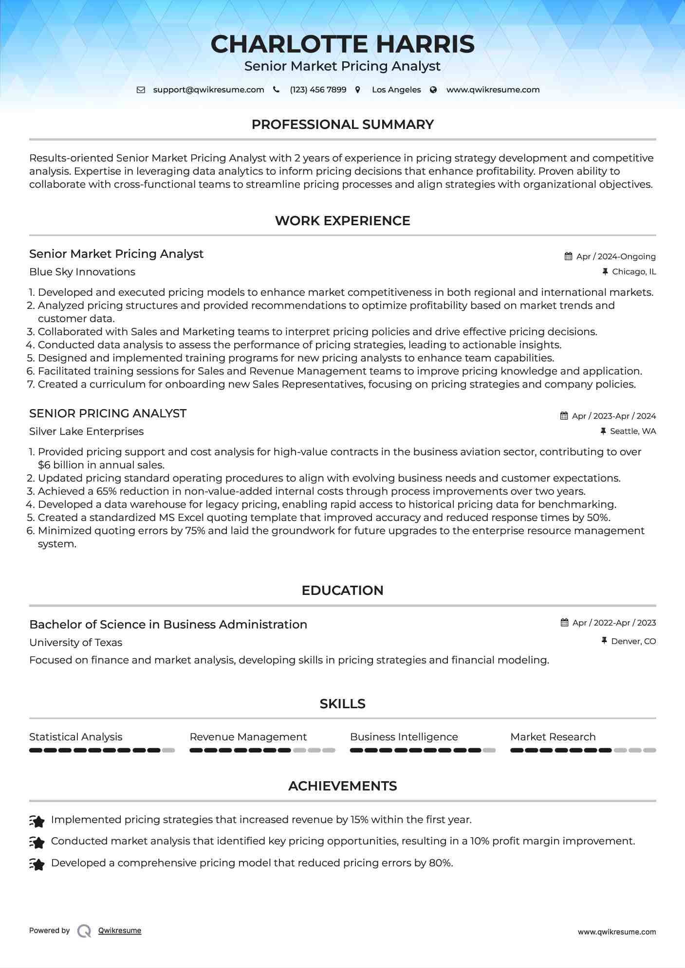 Senior Market Pricing Analyst Resume Format