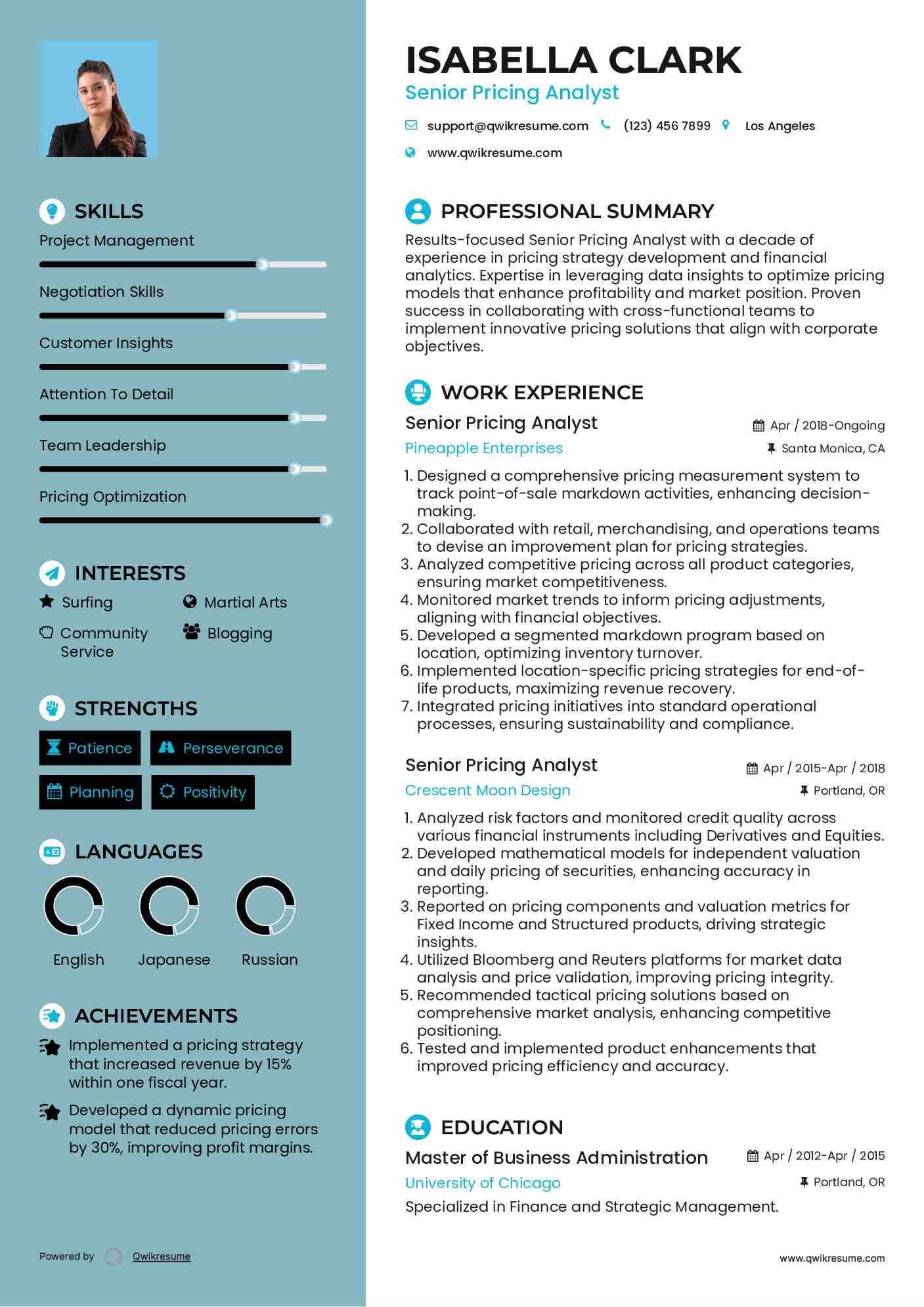Senior Pricing Analyst Resume Template
