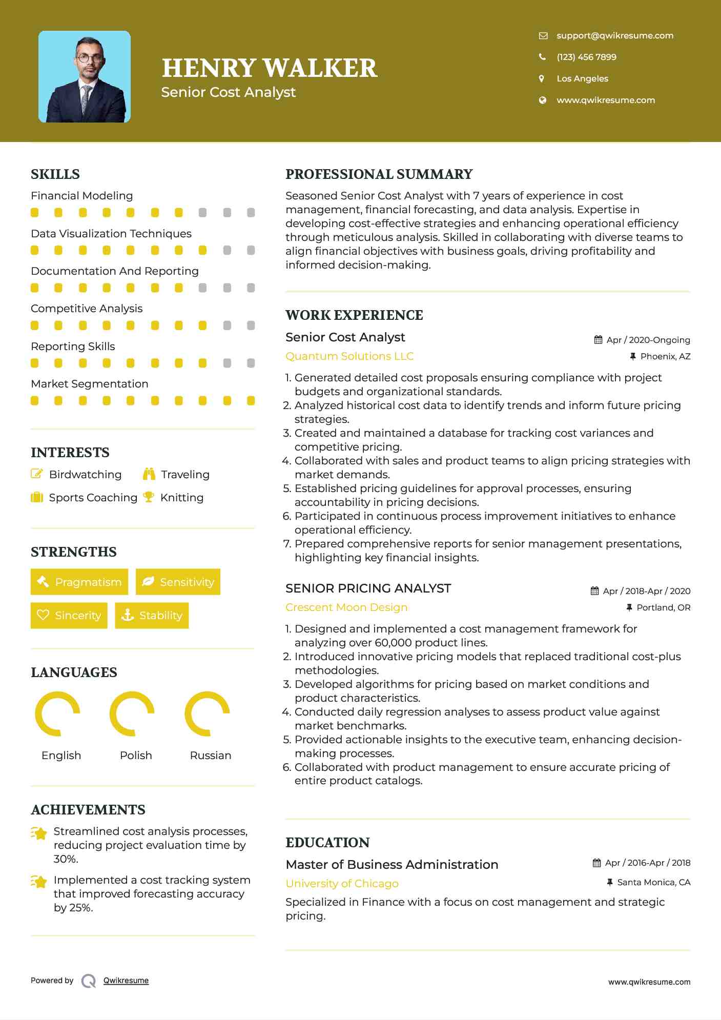 Senior Cost Analyst Resume Model