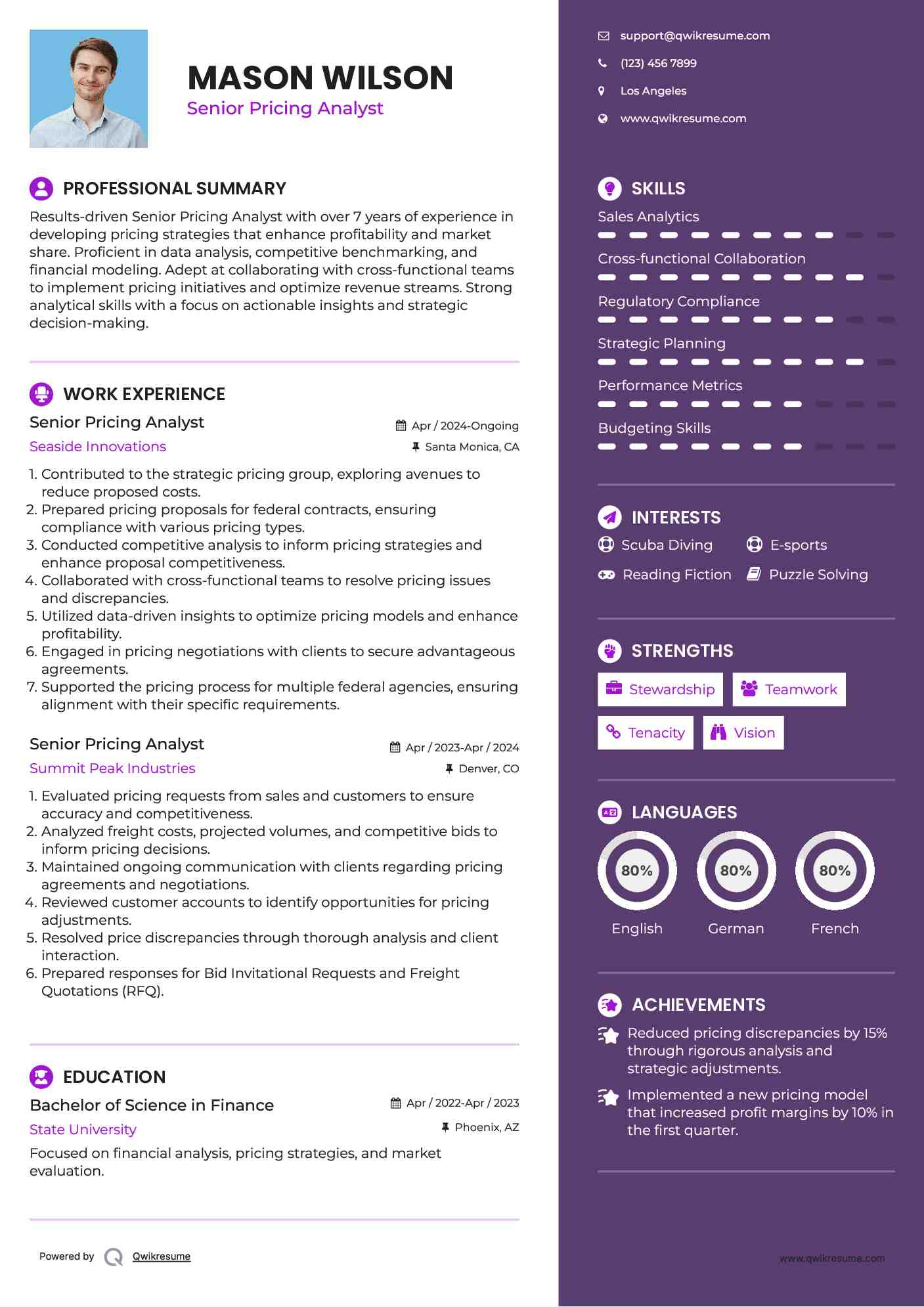 Senior Pricing Analyst Resume Template
