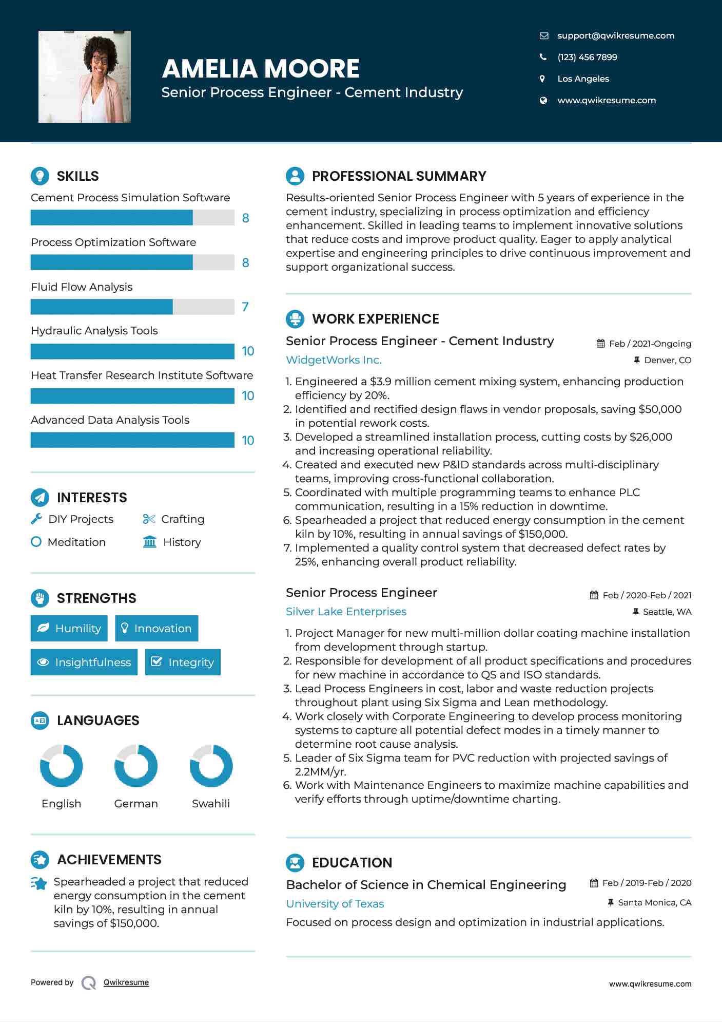 Senior Process Engineer - Cement Industry Resume Format