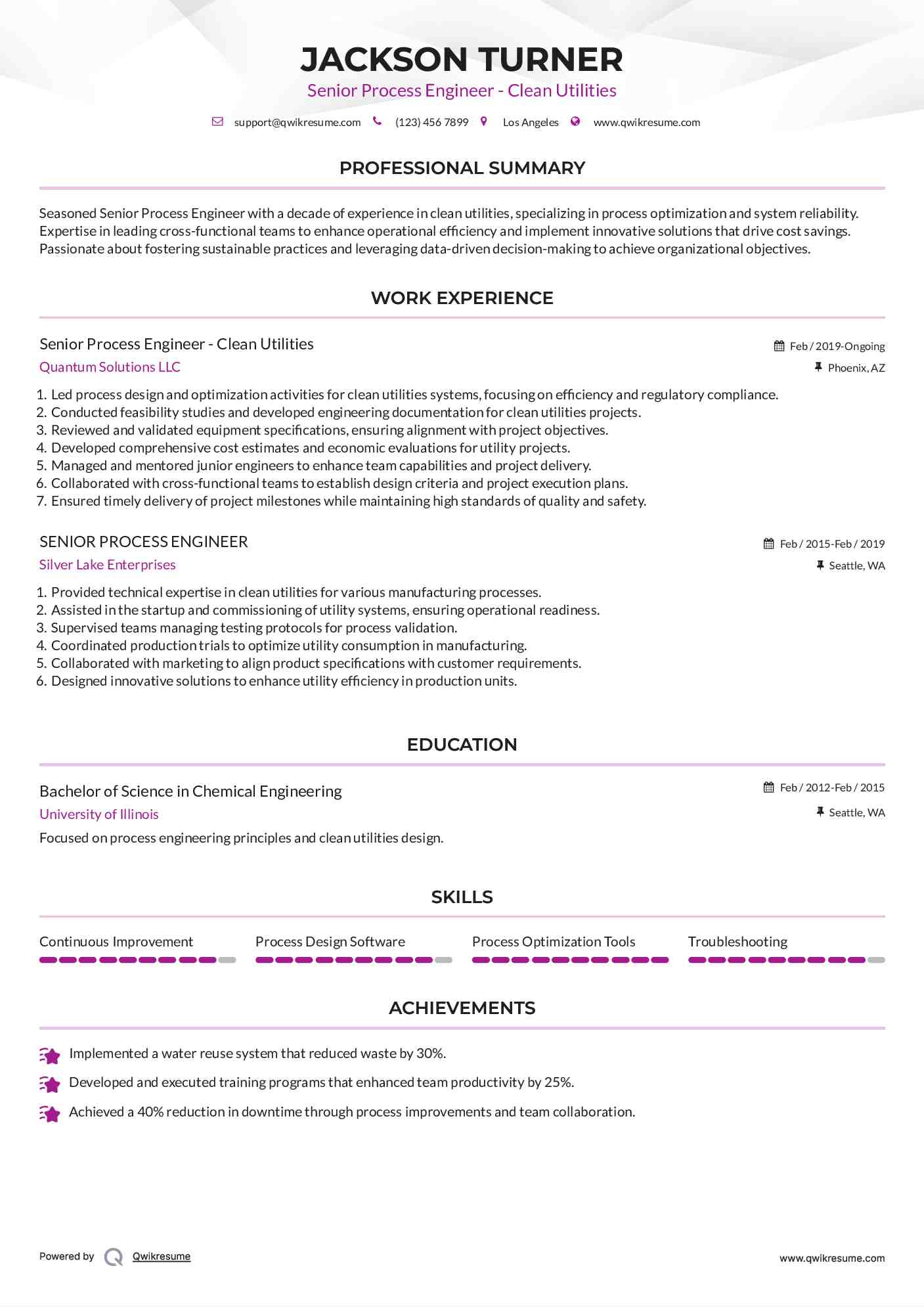 Senior Process Engineer - Clean Utilities Resume Model