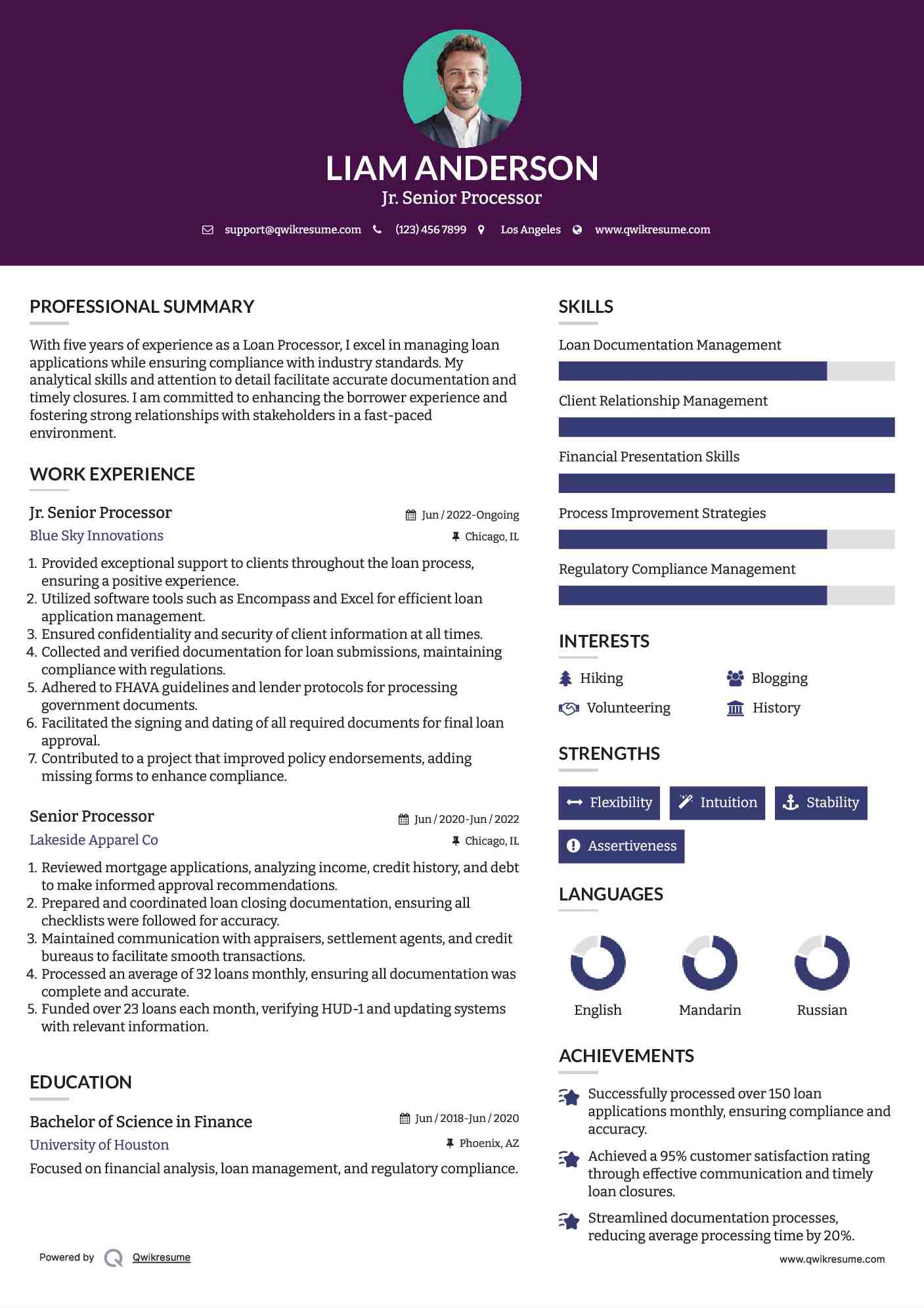 Jr. Senior Processor Resume Example
