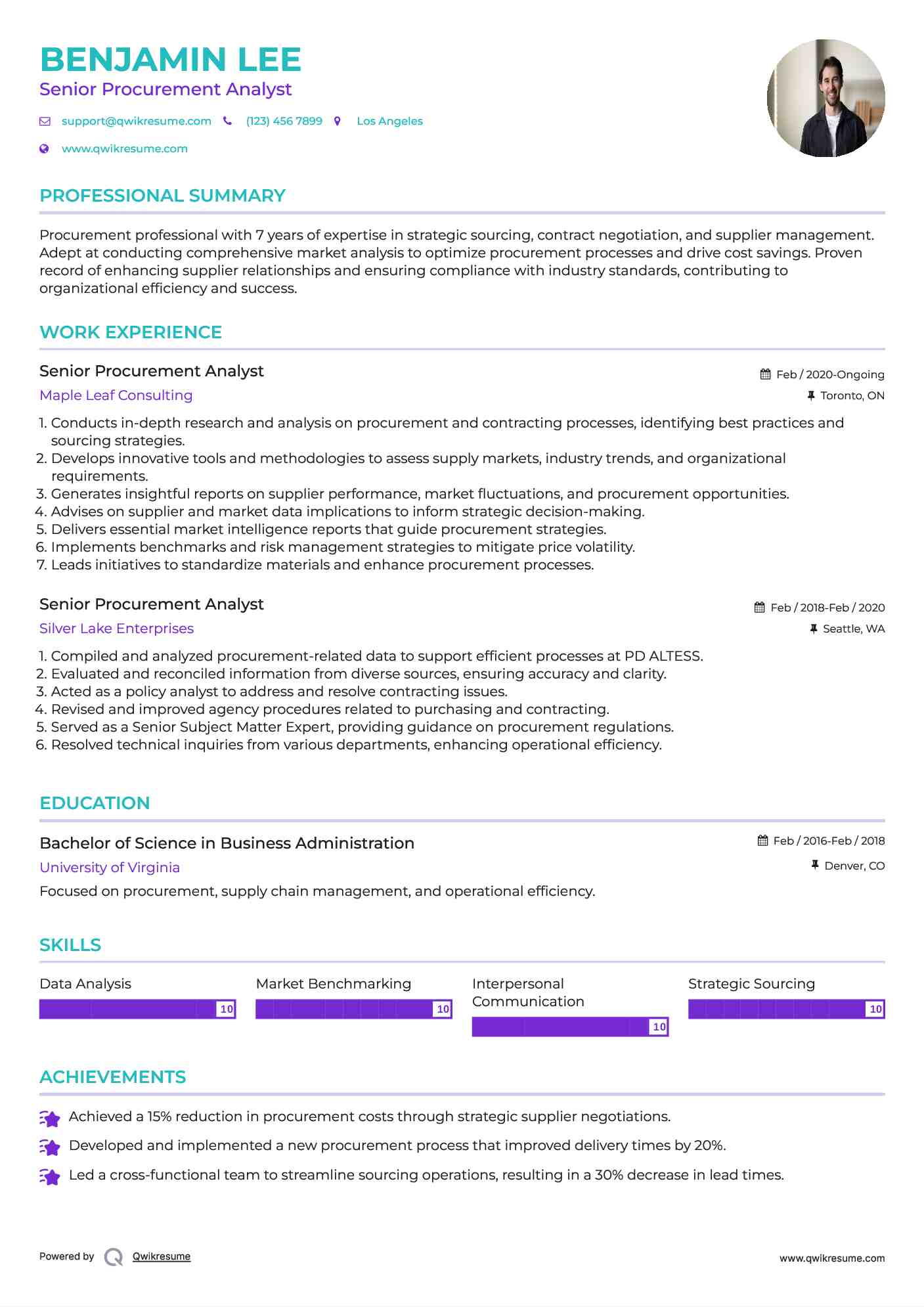Senior Procurement Analyst Resume Example