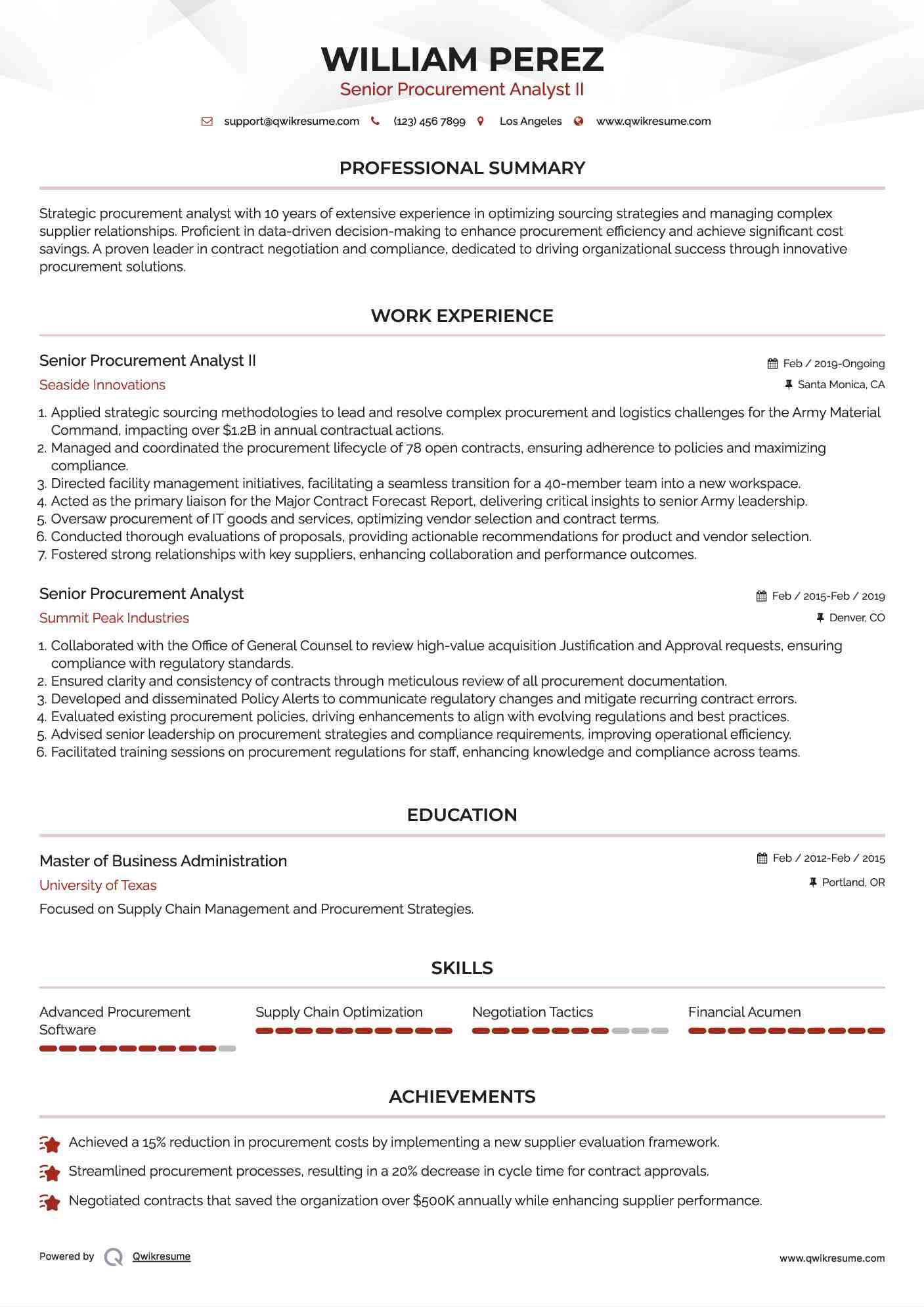Senior Procurement Analyst II Resume Template
