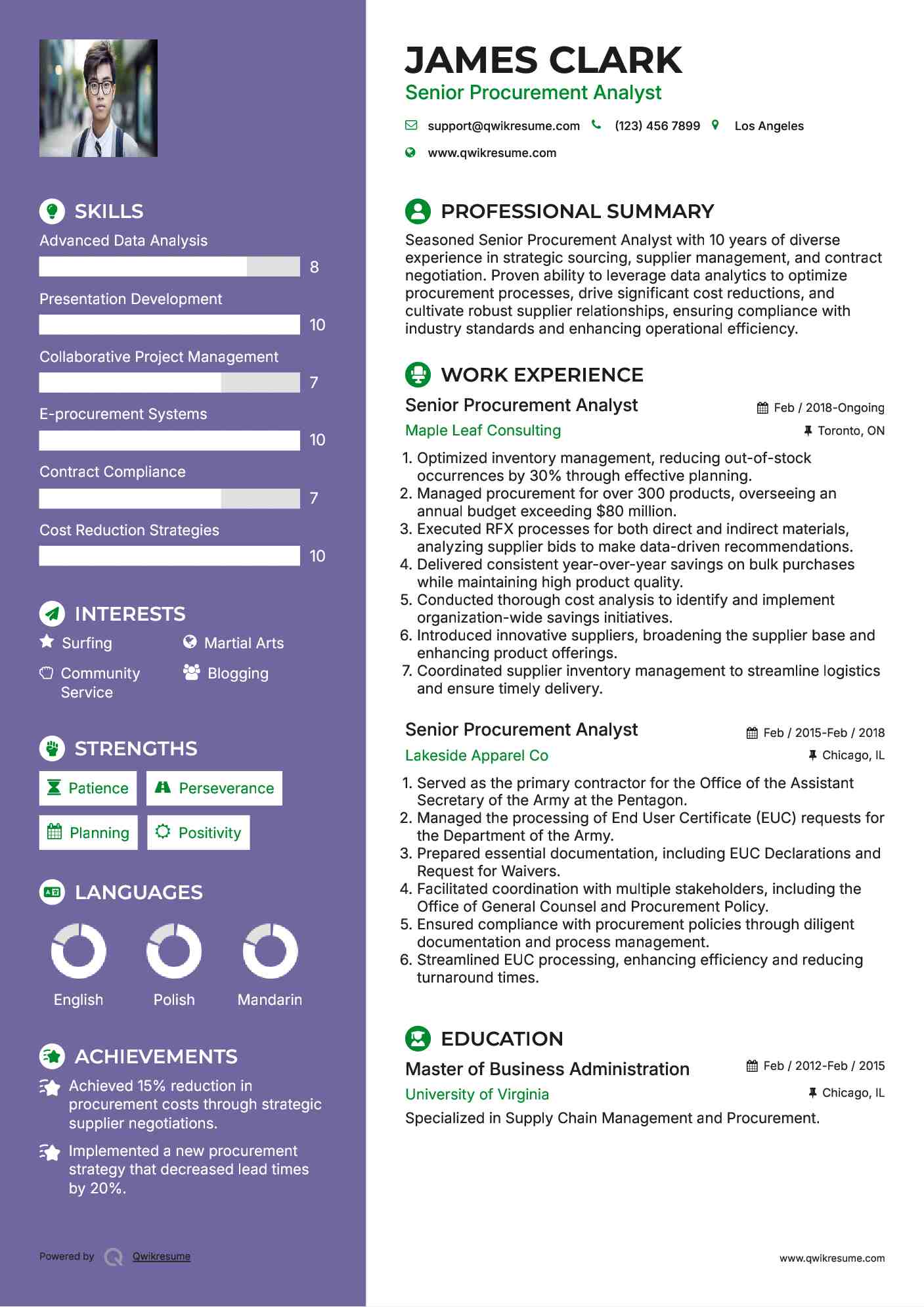 Senior Procurement Analyst Resume Example