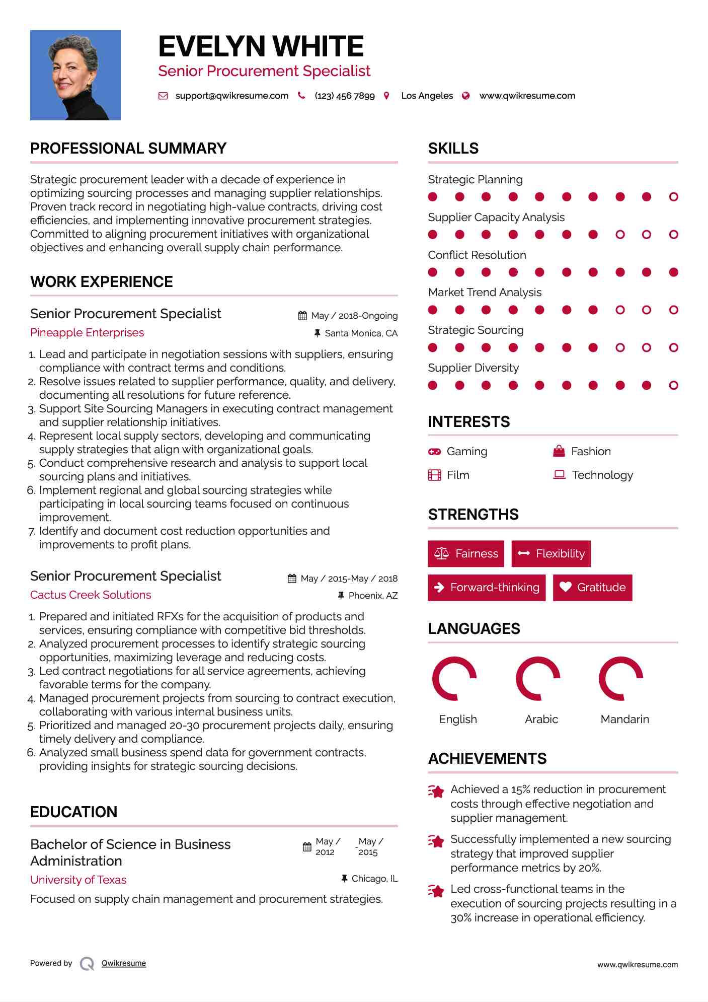 Senior Procurement Specialist Resume Format