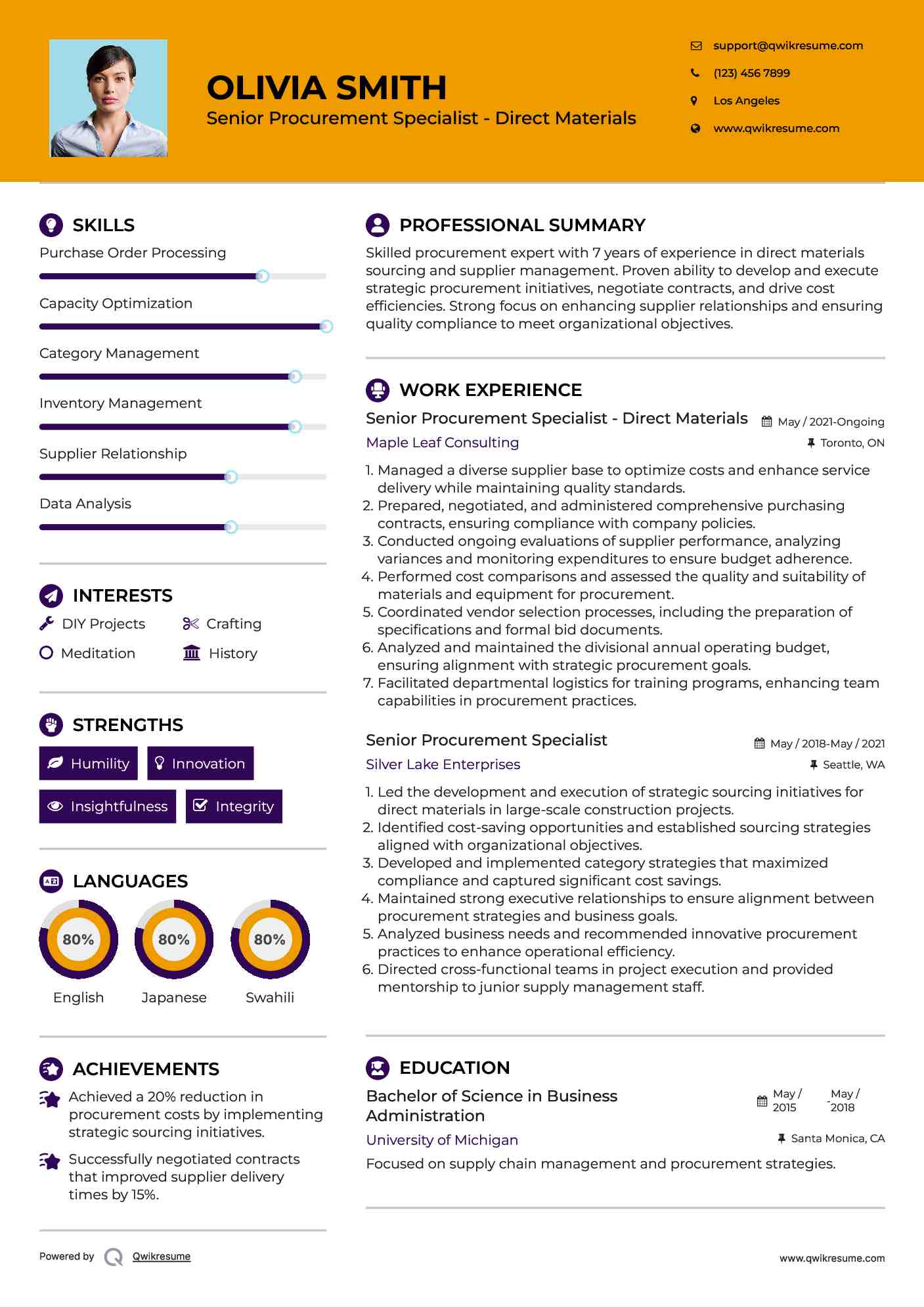 Senior Procurement Specialist - Direct Materials Resume Template