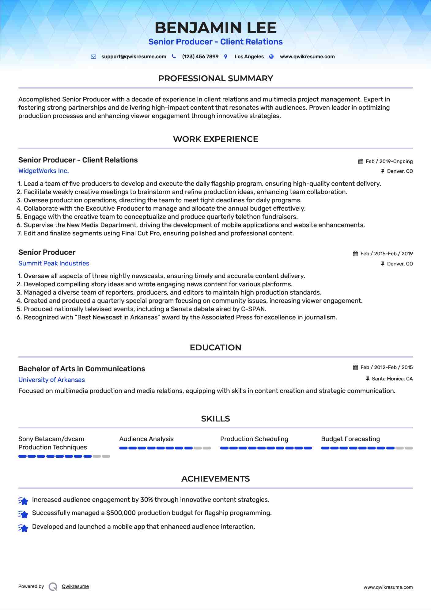 Senior Producer - Client Relations Resume Model