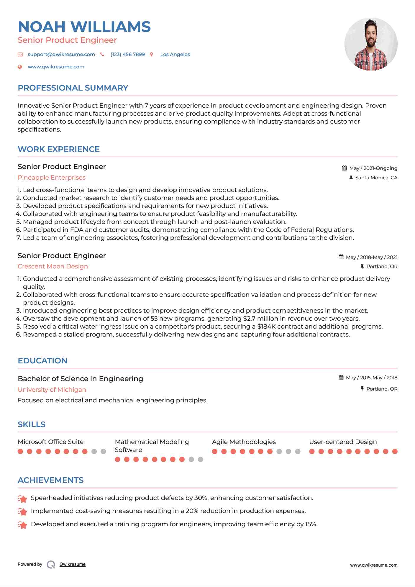 Senior Product Engineer Resume Example