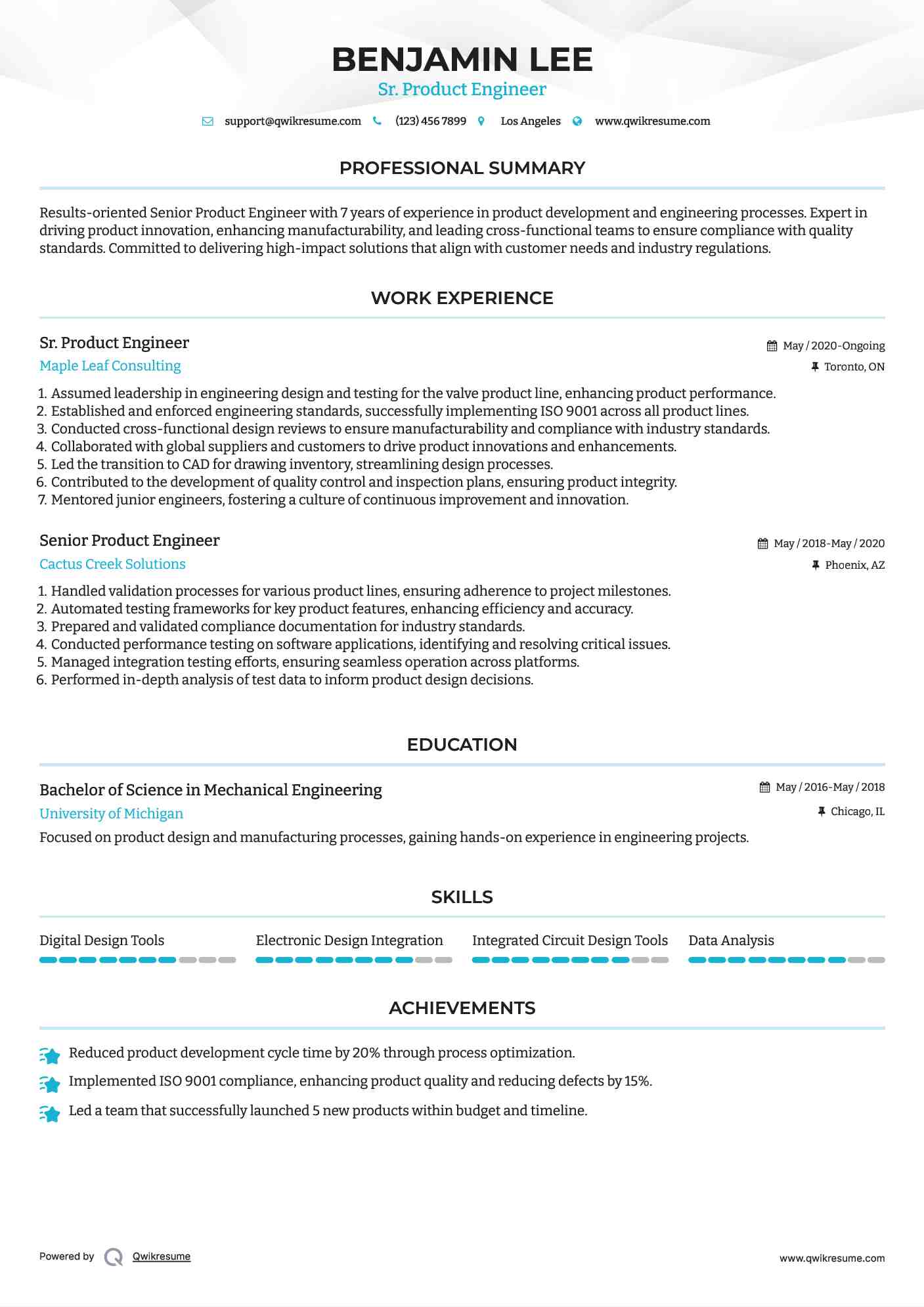 Sr. Product Engineer Resume Format