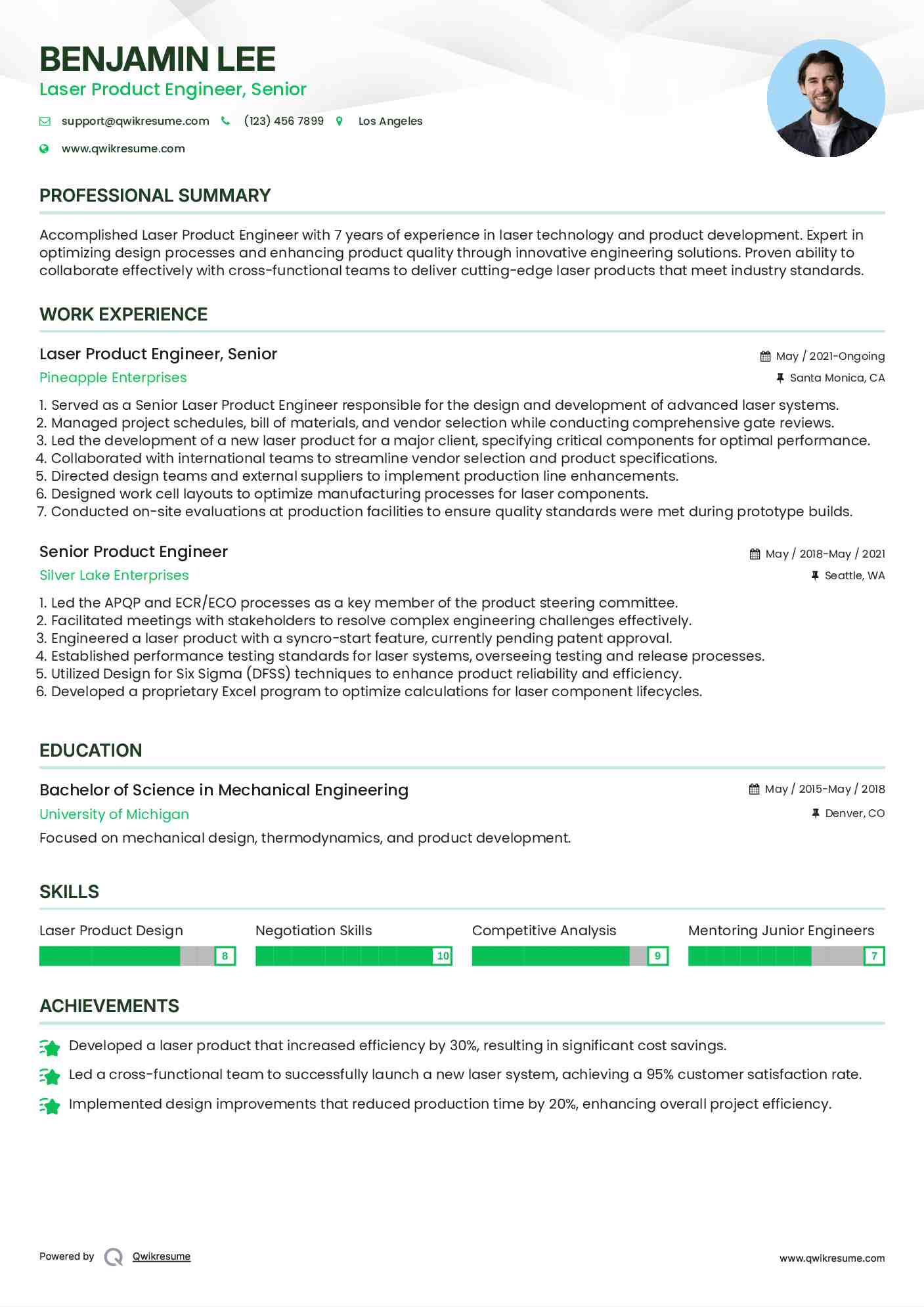 Laser Product Engineer, Senior Resume Sample