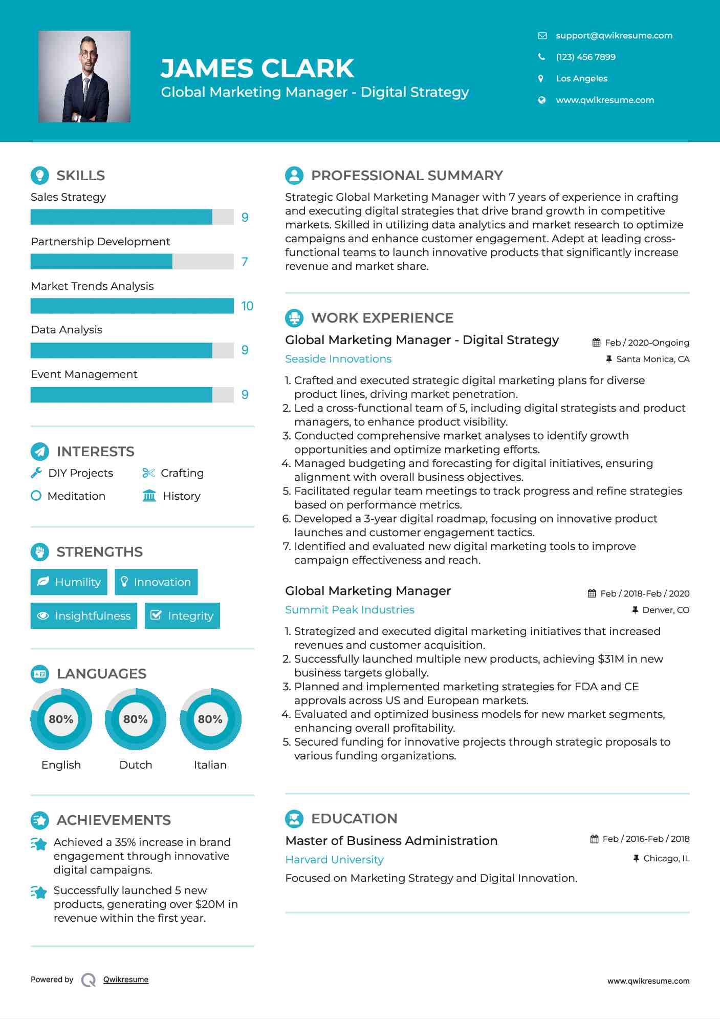 Global Marketing Manager - Digital Strategy Resume Example