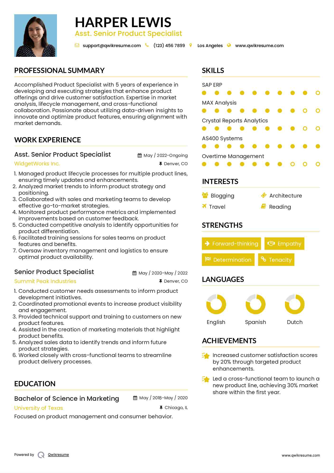 Asst. Senior Product Specialist Resume Example