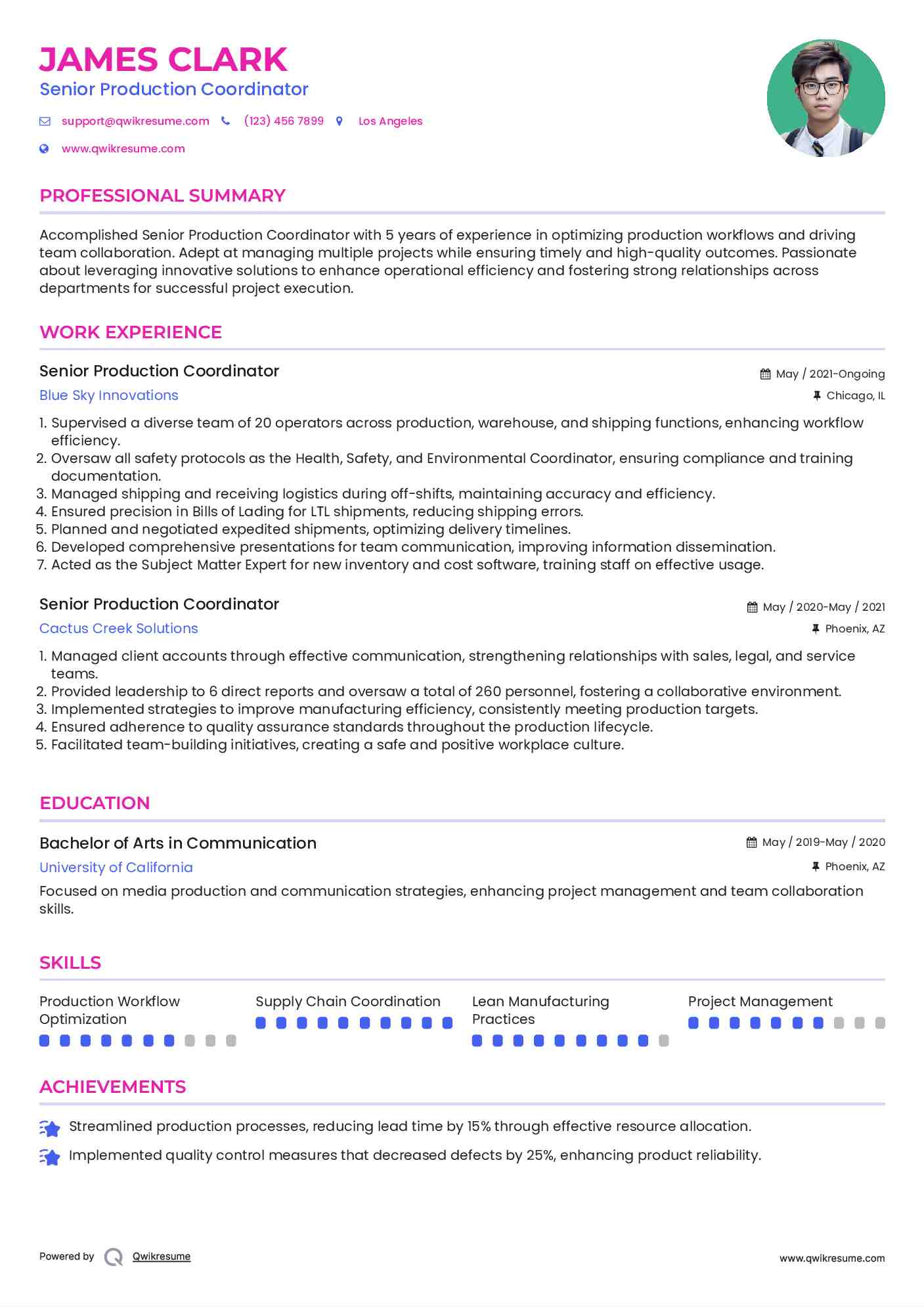 Senior Production Coordinator Resume Format