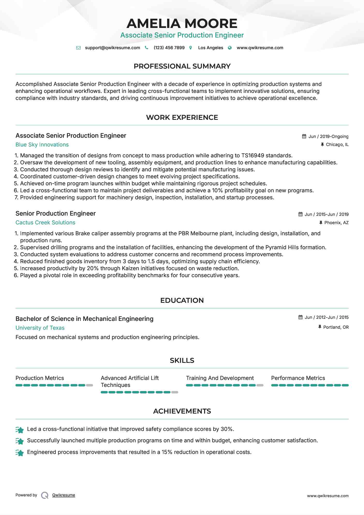 Associate Senior Production Engineer Resume Example