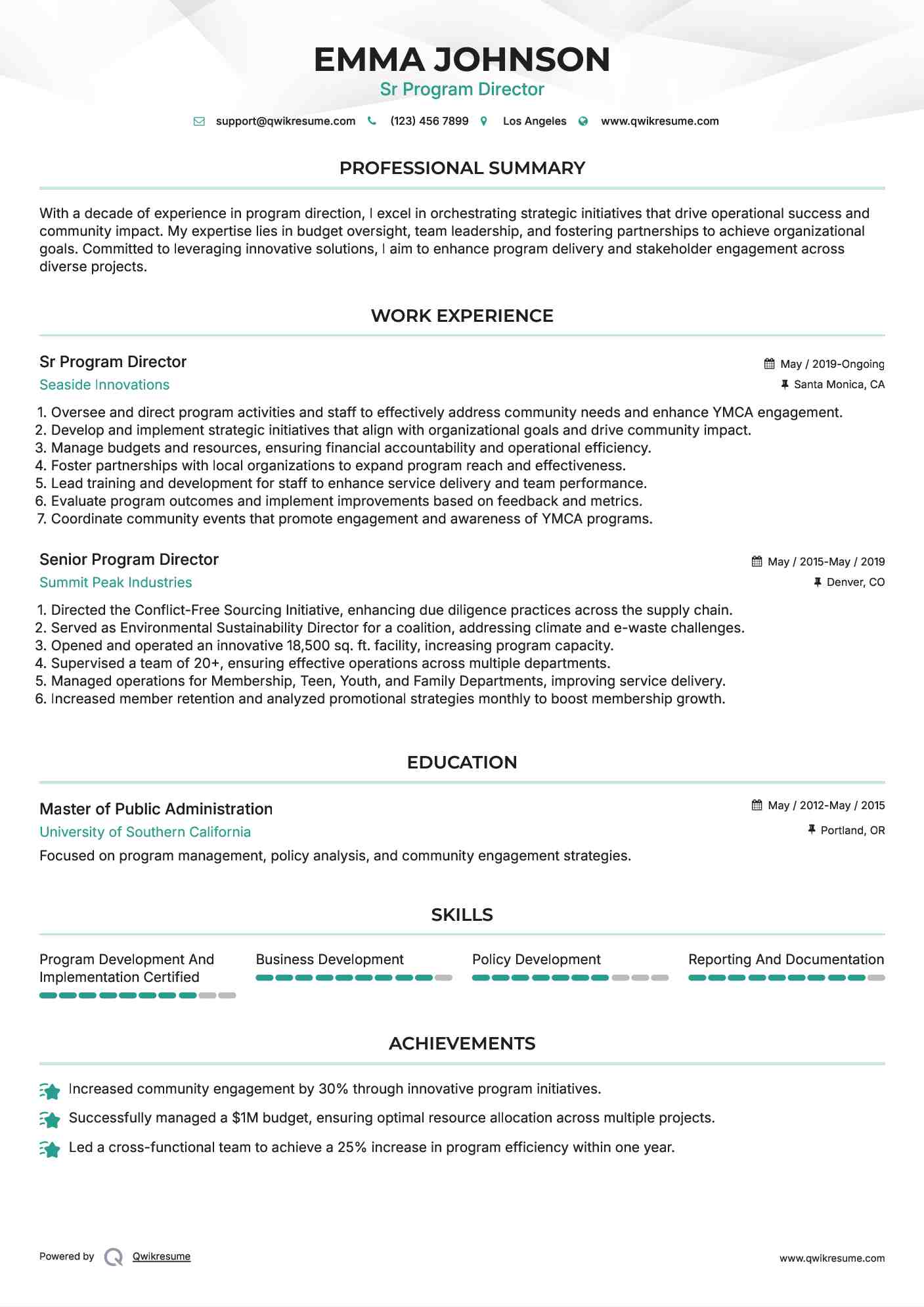 Sr Program Director  Resume Example